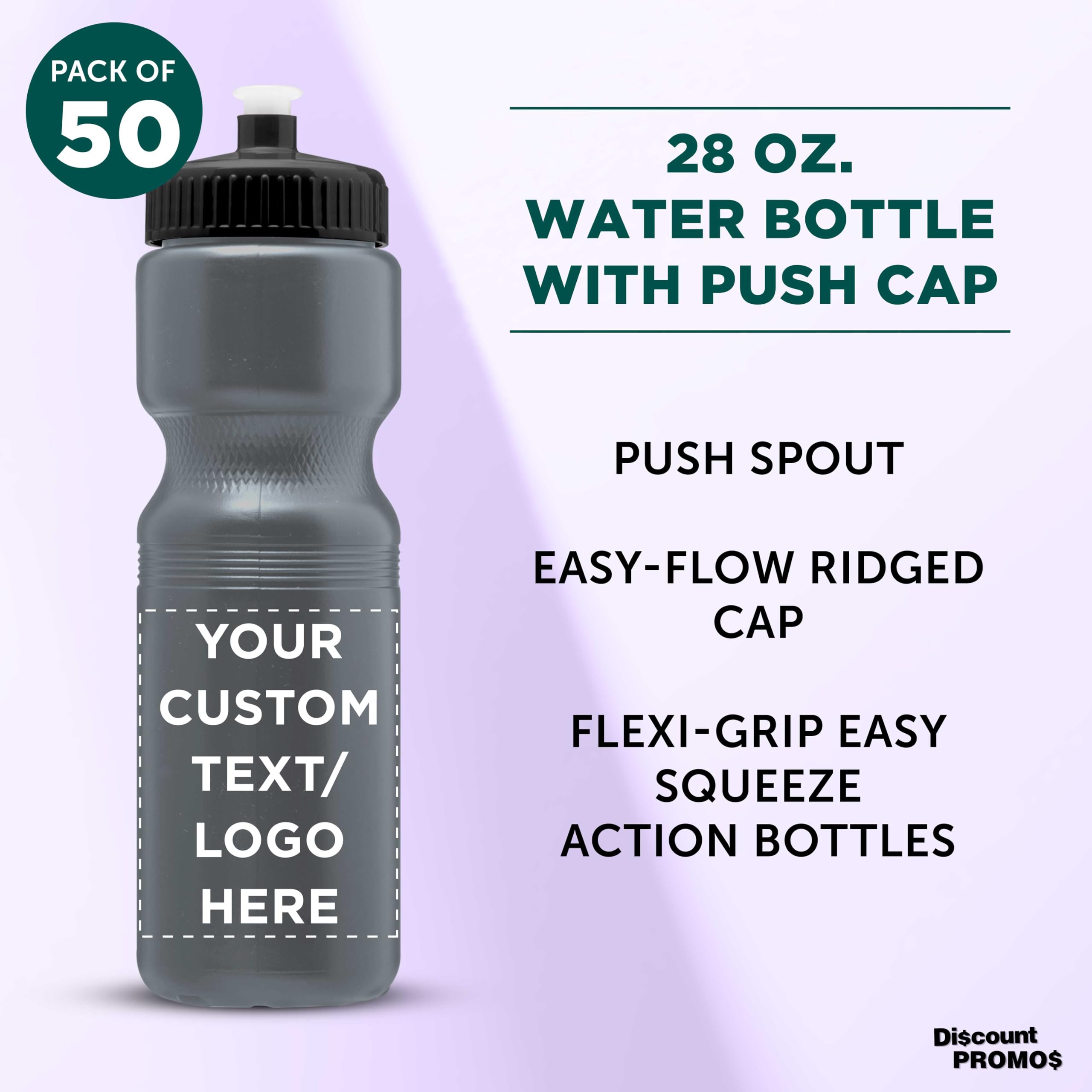 28 oz Custom Push Cap Plastic Water Bottles - Bulk Pack of 50, Personalized Water Bottles for Gym, Hiking, Camping & Outdoor Sports - Silver | Ideal for Team Events, Corporate Gifts & Promotional Giveaways
