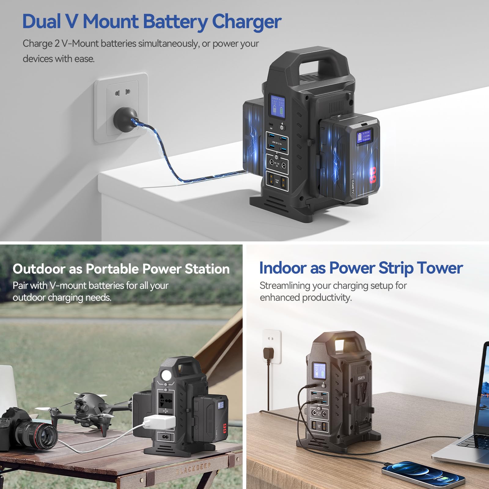 Came-TV Dual V Mount Battery Charger - 3-in-1 Power Strip with Dual Channel Charging, 65W PD/USB-C, Multi-AC Inverter Station - Compatible with Smallrig, Neewer, Came TV V-Lock Batteries - Perfect for Film Production, Photography & On-Location Power Needs