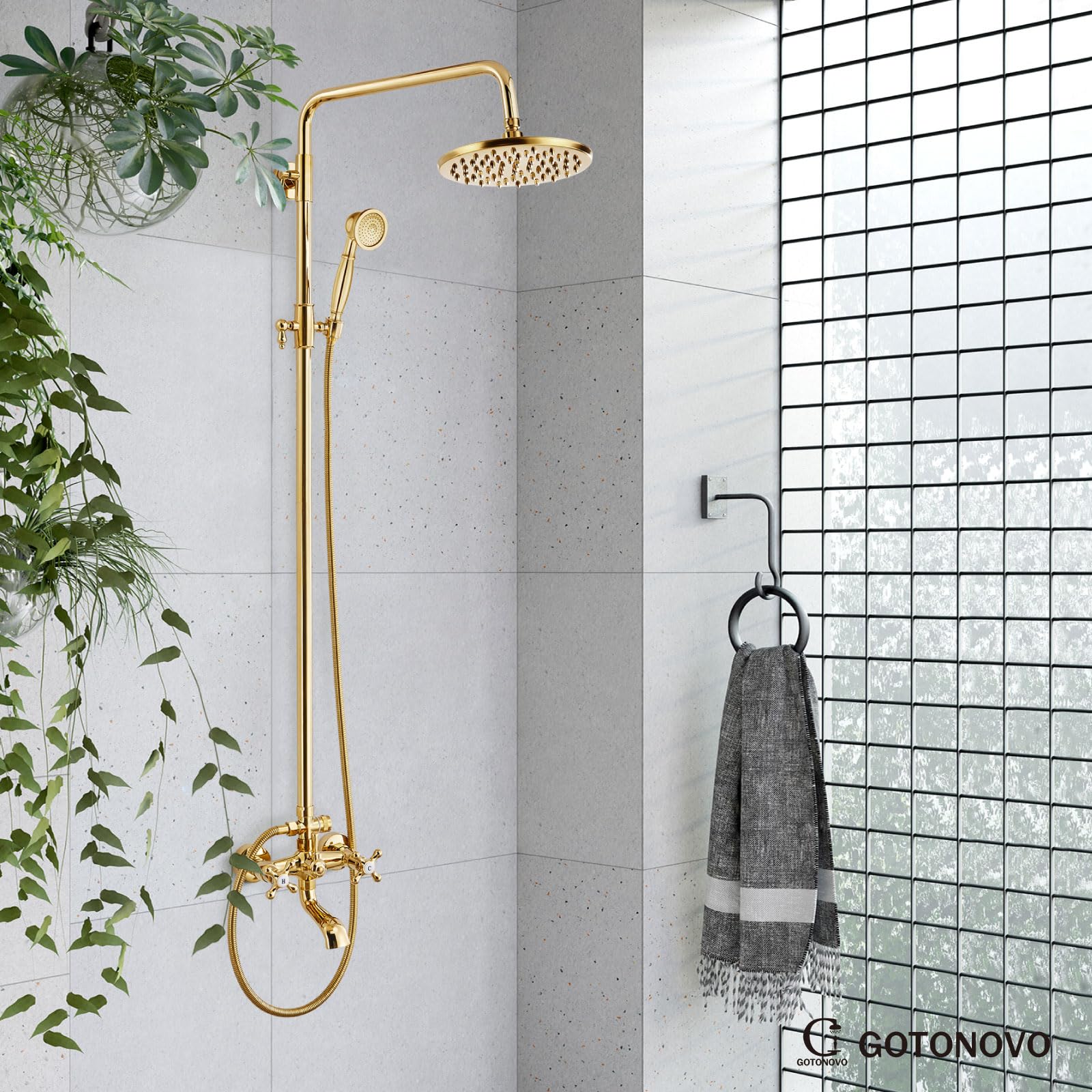 Gotonovo 8 Inch Exposed Shower Faucet Set with Rainfall Showerhead - 3-Function Shower System with Tub Spout & Cross Handles in Polish Gold - Perfect for Bathroom Renovation & Luxury Spa Experience