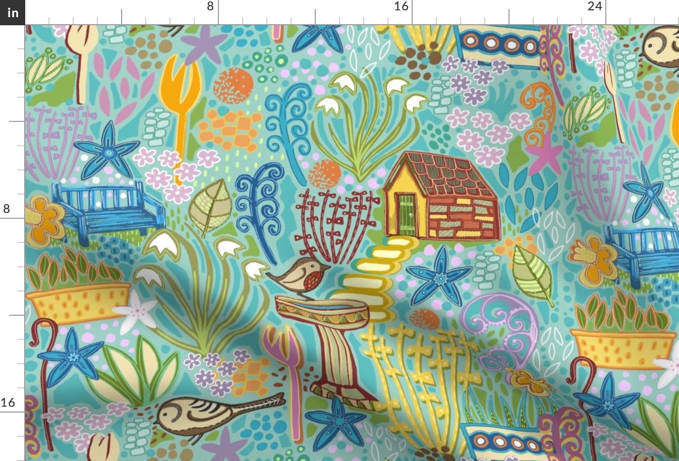 Garden Views Birdfeeders Floral Fairy Houses Printed Satin Fabric - Fat Quarter for Sewing, Lining, Apparel, Fashion, Blankets & Home Decor | Perfect for DIY Crafts, Quilting, and Upholstery Projects