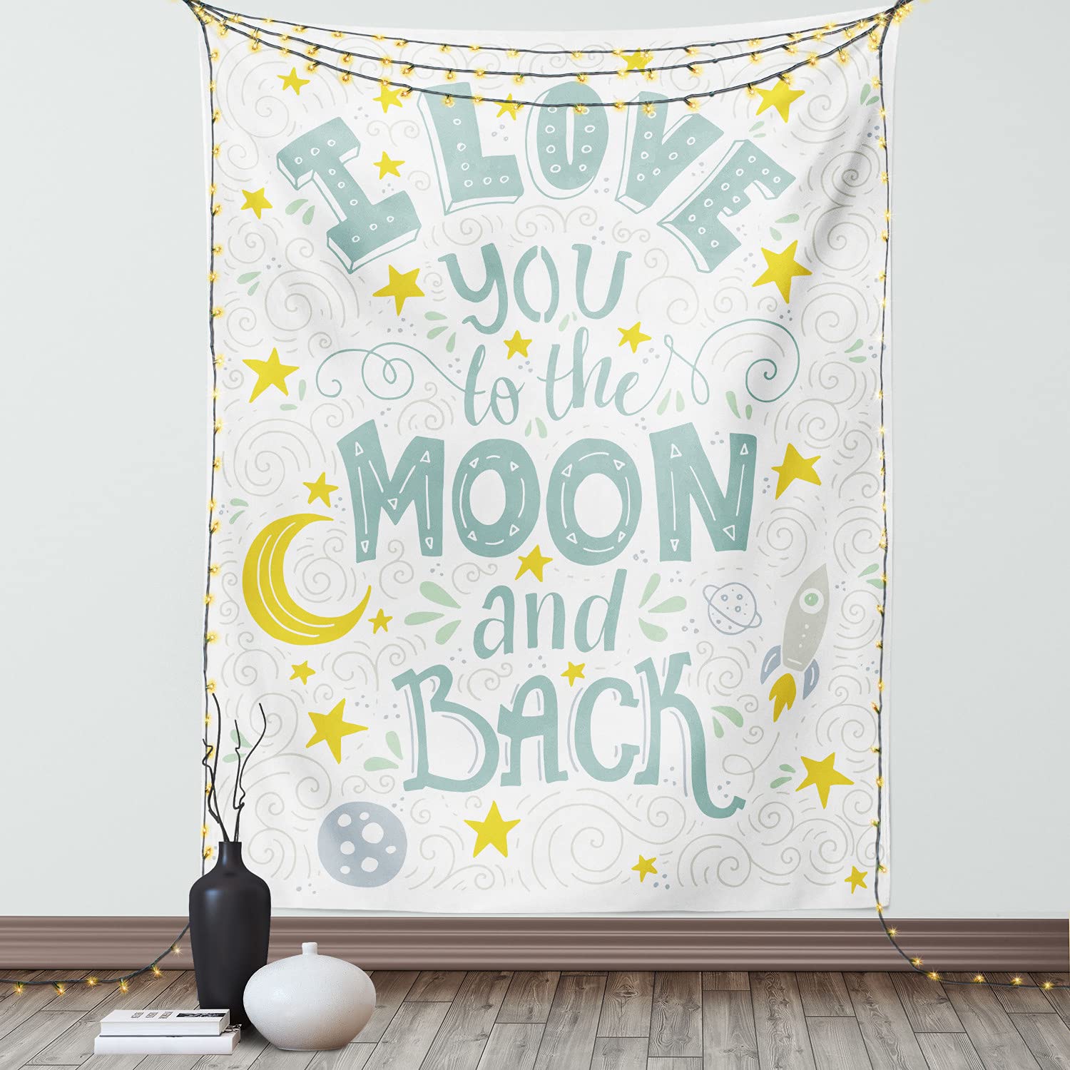 Ambesonne 'I Love You to the Moon and Back' Galaxy Tapestry - Crescent Moon, Stars & Planets Space Design - 40x60 Inch Wall Hanging for Bedroom, Living Room, Dorm Decor - White Pale Seafoam - Perfect for Space Theme Rooms & Romantic Gifts