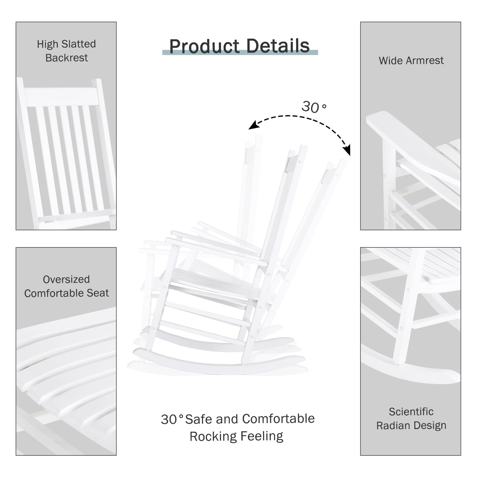 Premium White Wooden Rocking Chair - High Back Oversized Indoor/Outdoor Rocker for Garden, Lawn, Balcony, Backyard & Porch | Easy Assembly & Comfortable Seating | Perfect for Relaxing, Reading & Enjoying Nature