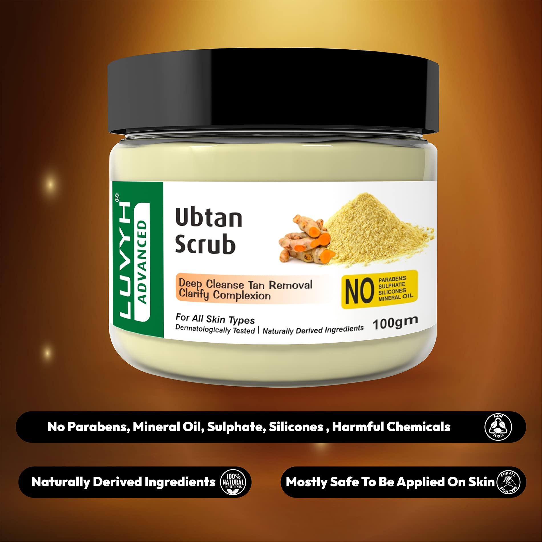 Luvyh Ubtan Face Scrub & Body Scrub with Walnut & Turmeric for Women and Men | Natural Cleansing, Tan Removal & Skin Brightening | Reduces Dark Spots | Nourishes & Glows Skin | Paraben-Free 100g | Perfect for Daily Skincare Routine & Spa Days