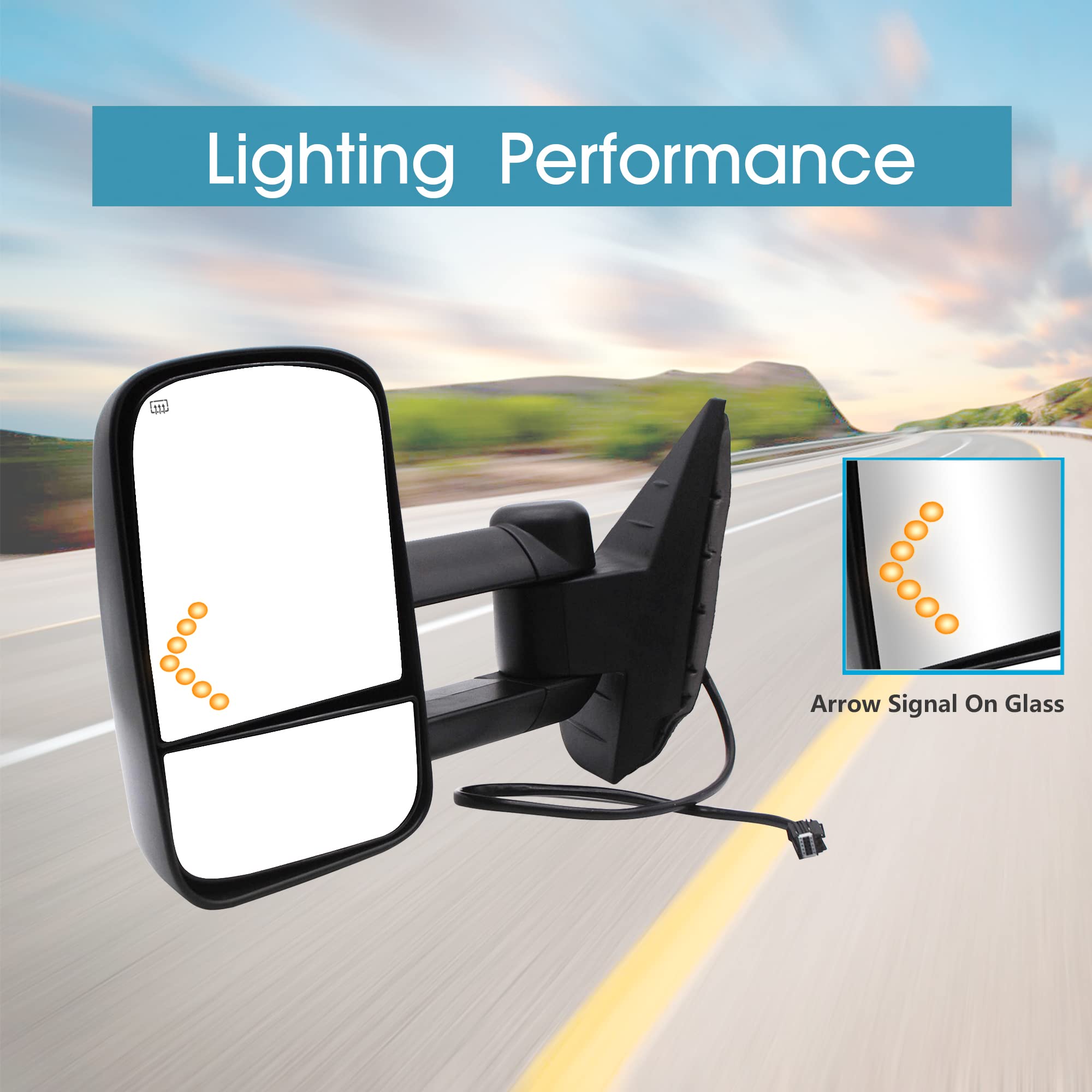 BOOLEE Power Heated Towing Mirrors for 2007-2014 Chevy Silverado 1500/2500/3500 & GMC Sierra/Yukon/Tahoe - Manual Telescopic Tow Mirrors with Arrow Turn Signal - Perfect for Towing, Camping & Off-Road Adventures (Pair, LH+RH)