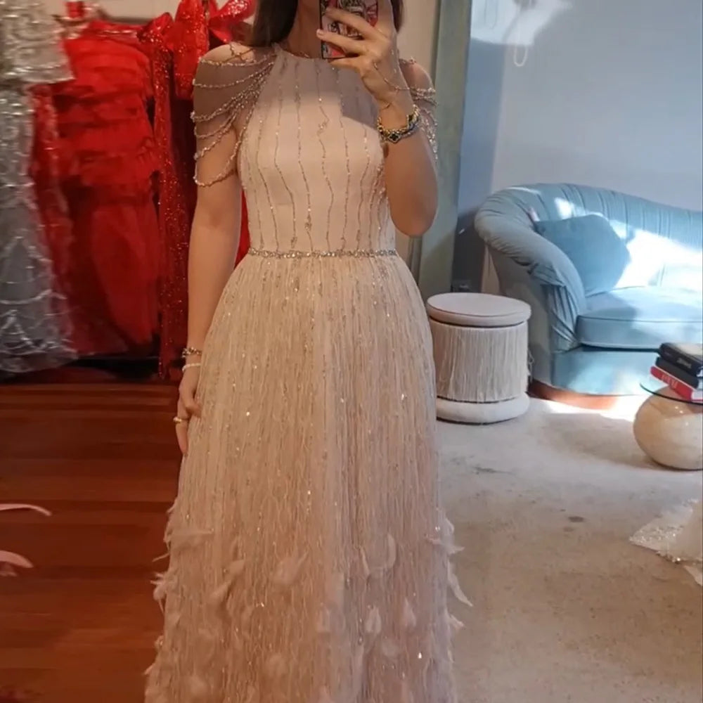 Luxury Dubai Saudi Pink Feather A-Line Arabic Beaded Evening Gown LA72721 for Formal Events, Weddings, Galas & Special Occasions