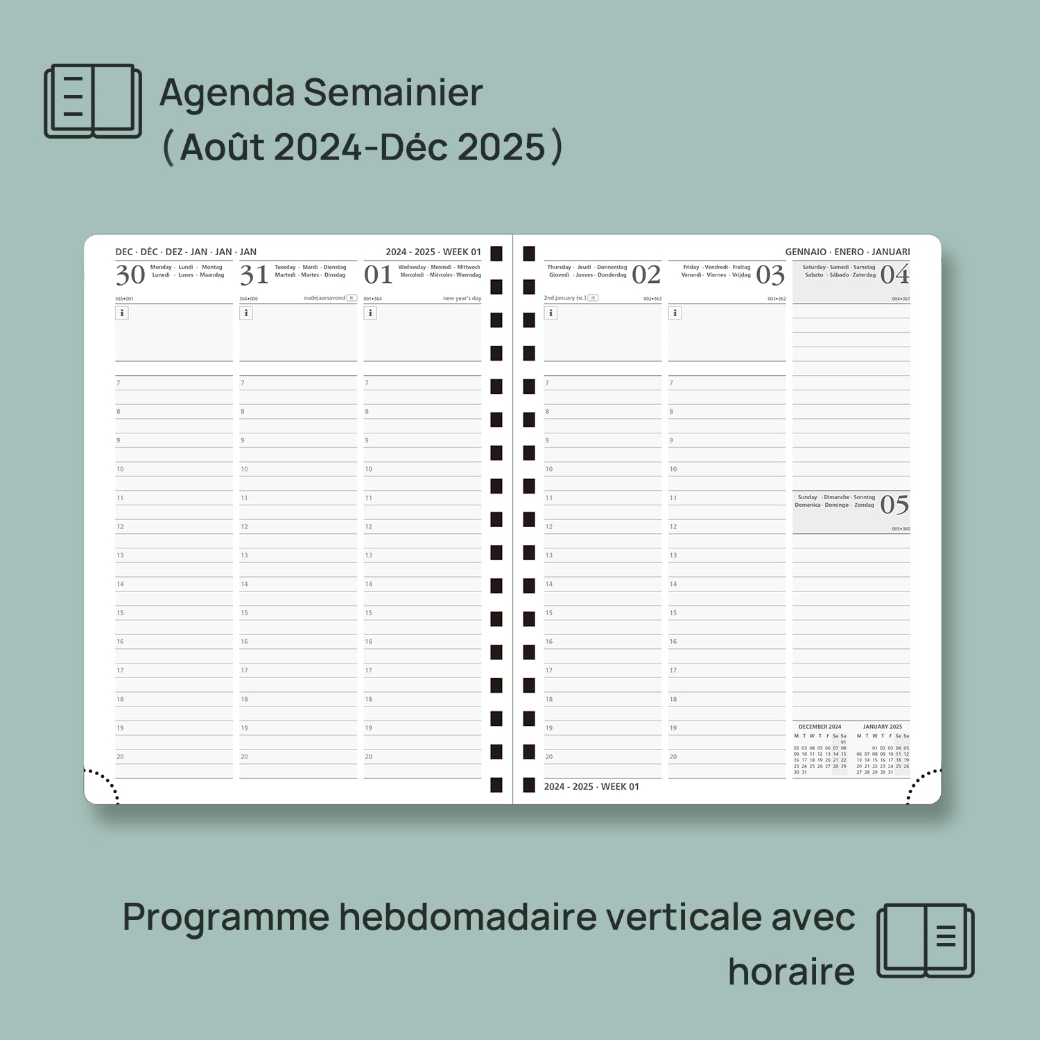 POPRUN 2025 Weekly Planner - August 2024 to December 2025, 17-Month Vertical School Planner with Soft Spiral Cover, 22 x 16.5 cm (8.7 x 6.5 inches), Includes Ruler & Bookmark, 80 g/m² Certified Paper - Teal Blue | Perfect for Students, Teachers & Office Organization