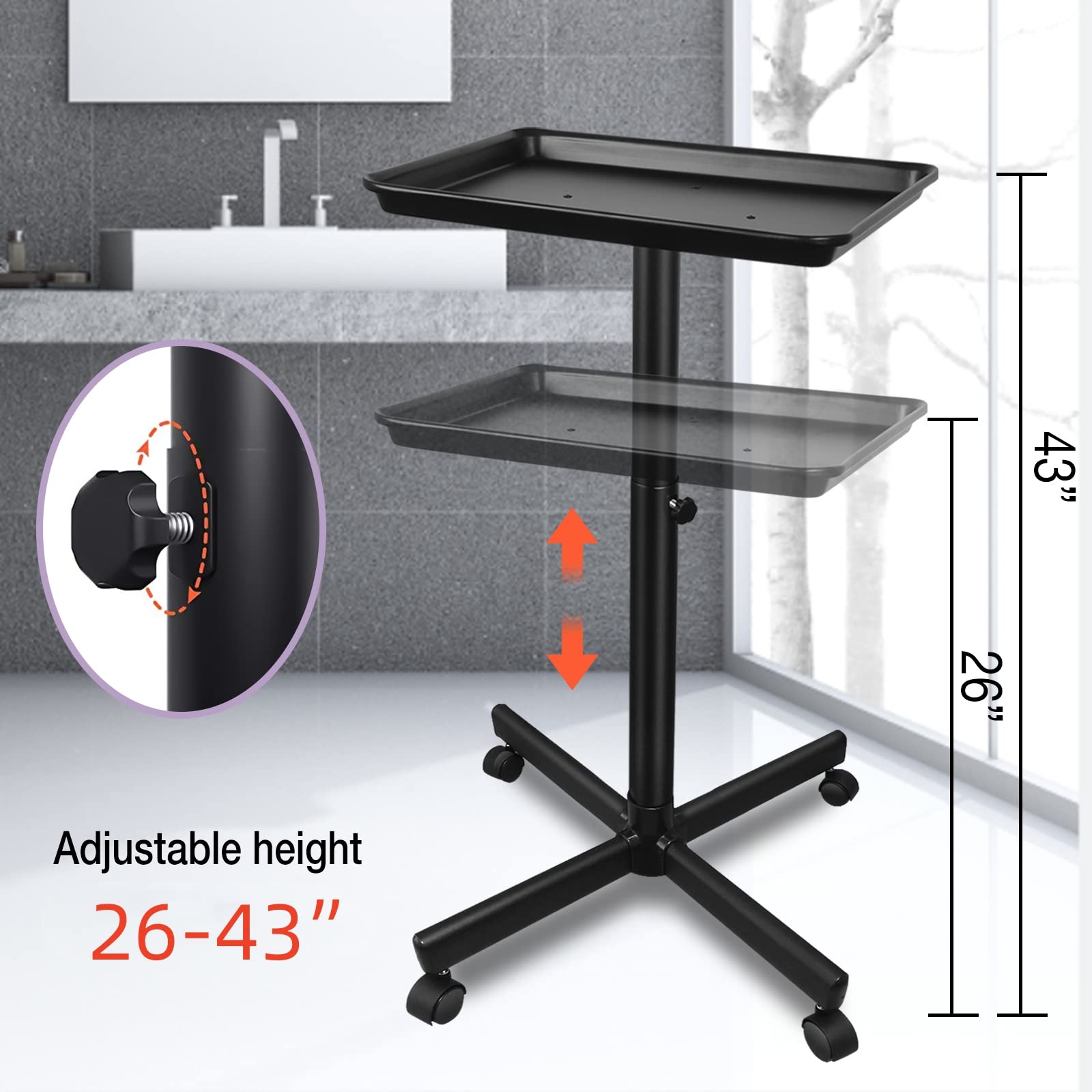 Premium Salon Rolling Tray Cart with Metal Feet & Wheels - Black Aluminum Color/Instrument Tray for Hair, Nail, Tattoo & Spa Professionals - Perfect for Mobile Styling & Salon Organization