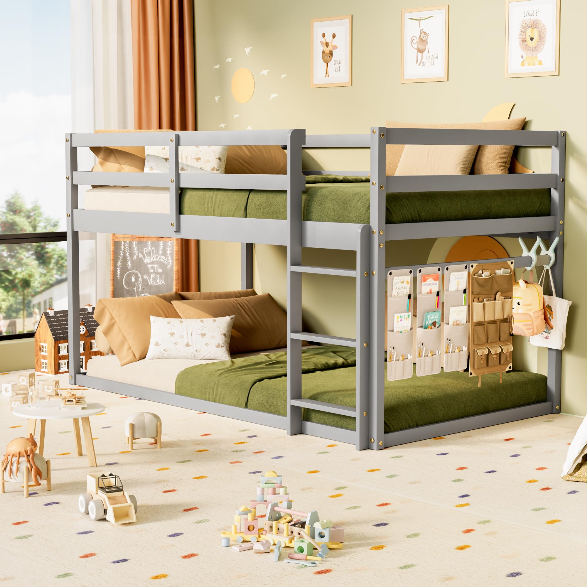 Low Bunk Bed Twin Over Twin with Ladder & Full Guardrails - Sturdy Wooden Junior Bunk Bed for Boys, Girls & Kids - Space-Saving Bedroom Furniture (Grey) - Perfect for Small Rooms, Shared Kids' Bedrooms & Sleepovers
