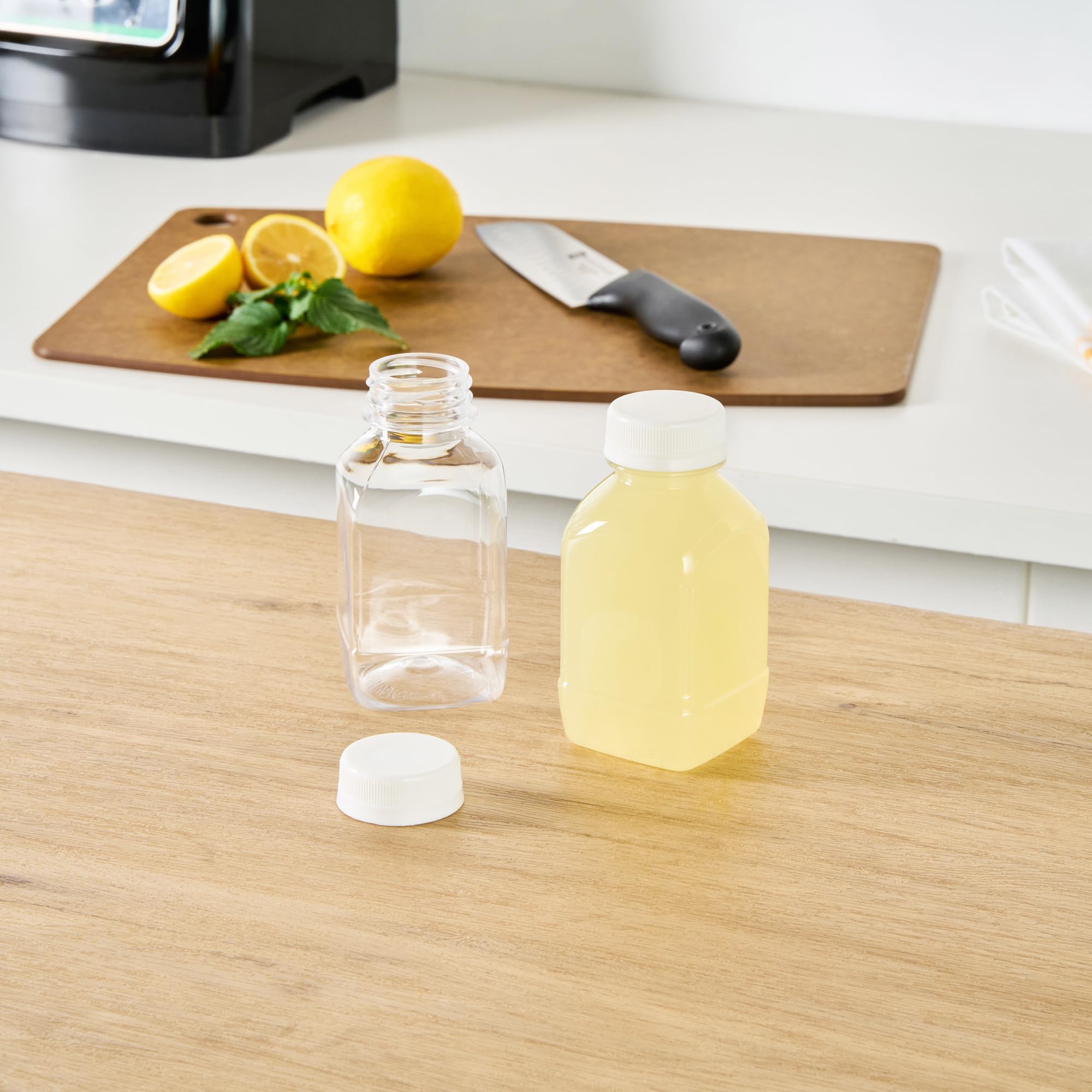 8oz Clear Plastic Juice Bottles with White Caps - 100 Pack Disposable Square Bottles for Juicing, Smoothies & Beverages | Perfect for Juice Bars, Coffee Shops, Restaurants & Catering Services | Leak-Proof, BPA-Free, Commercial & Home Use