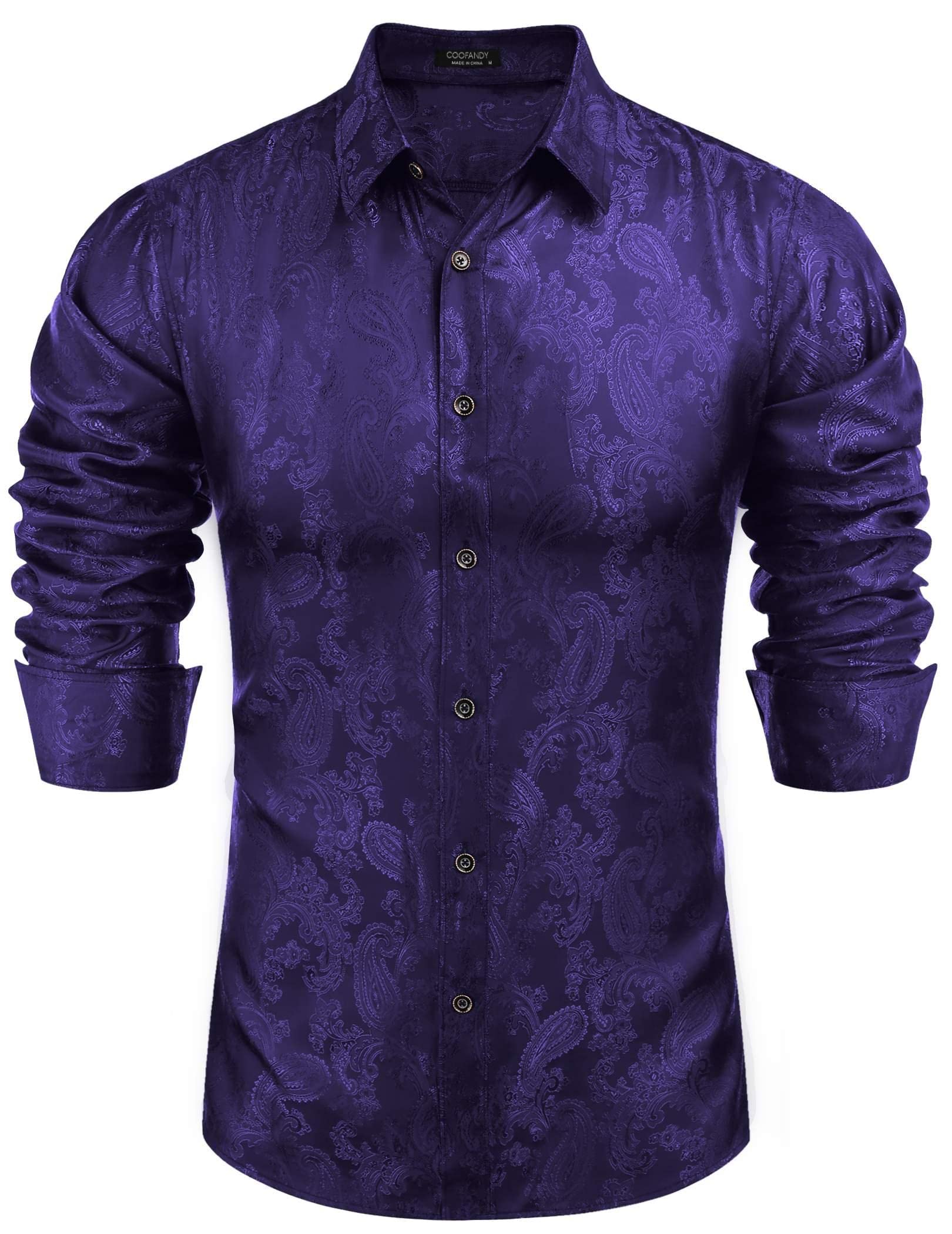 COOFANDY Men's Silk Satin Dress Shirt - Long Sleeve Floral Printed Paisley Button Down Shirt for Wedding, Party, Prom & Formal Occasions | Elegant Business Attire & Special Events