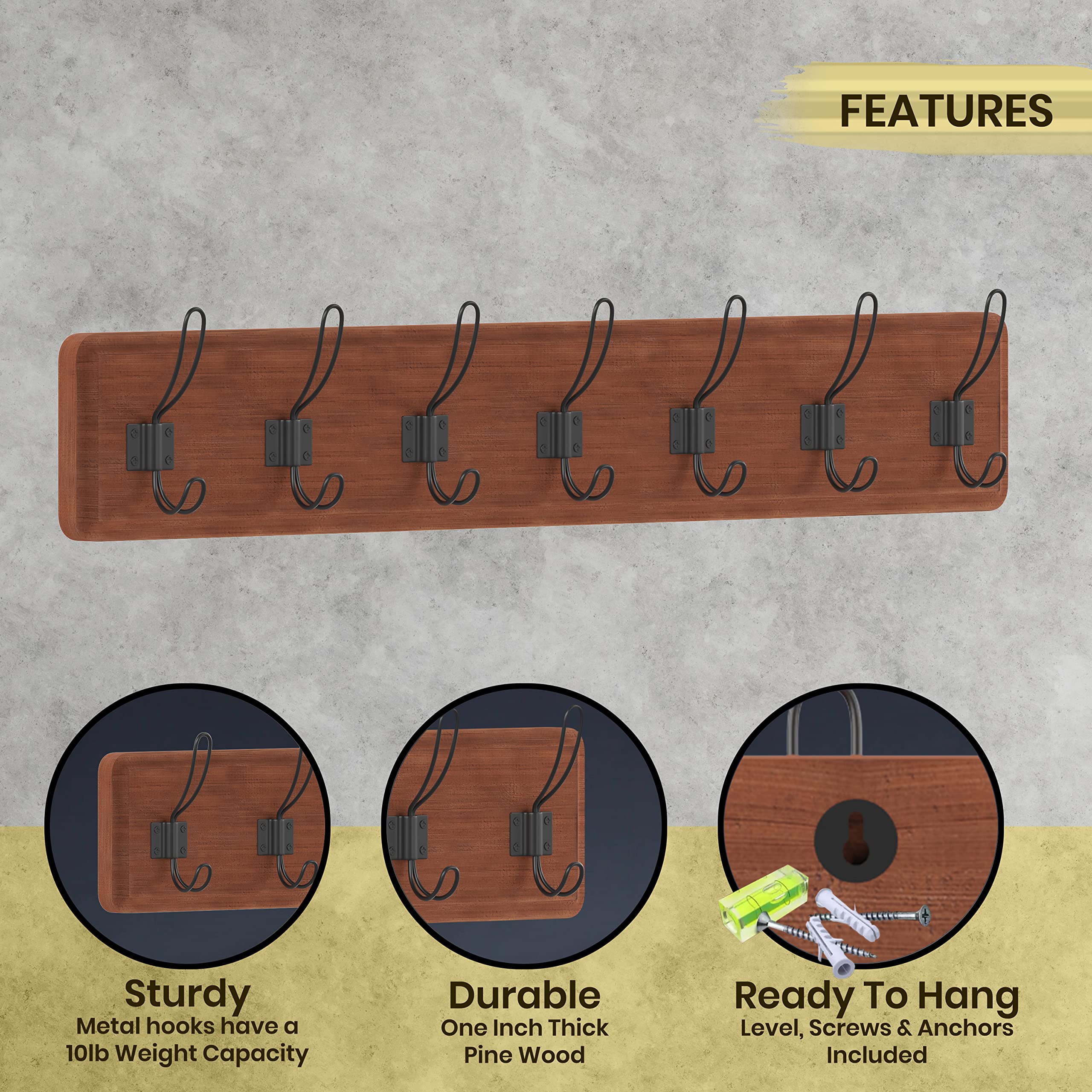 Rustic Brown Solid Wood Wall Mounted Coat Rack with Shelf - 7 Hooks, 34