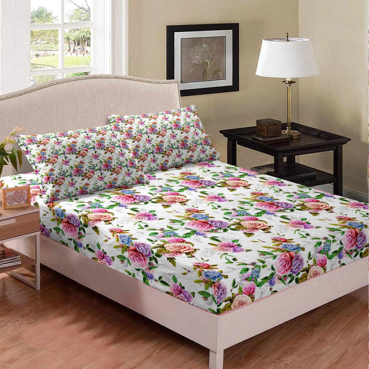 Premium Twin Size Fitted Sheet Set - Carnation Floral Design, Deep Pocket Elastic All Around, 2pc (1 Fitted Sheet + 1 Pillowcase) - Perfect Mother's Day Gift, Modern Bedroom Decor for Teens & Guest Rooms