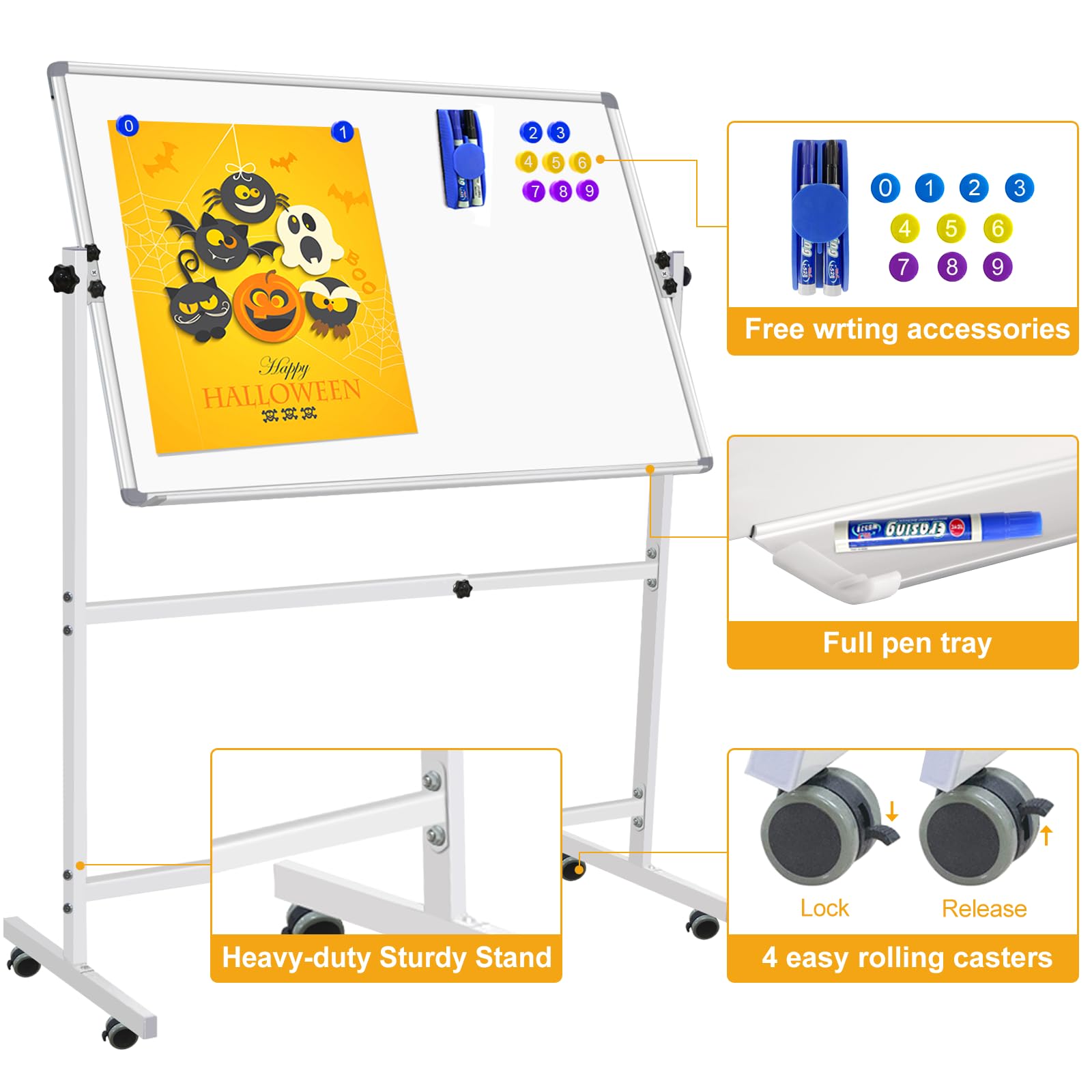 Adjustable Height 36x24 Dry Erase Whiteboard with Rolling Stand - Mobile Magnetic Whiteboard on Wheels for Office, Classroom & Home Use