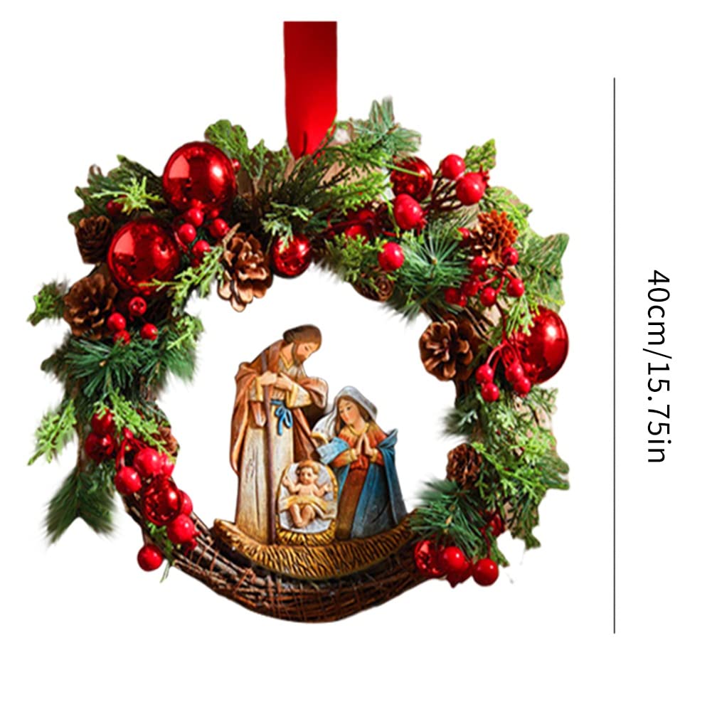 LED Lighted Nativity Scene Christmas Wreath - Holy Family Set with Candle & Lights for Front Door, Wall Hanging - Sacred Xmas Decor for Holiday Home, Church & Outdoor Christmas Decorations