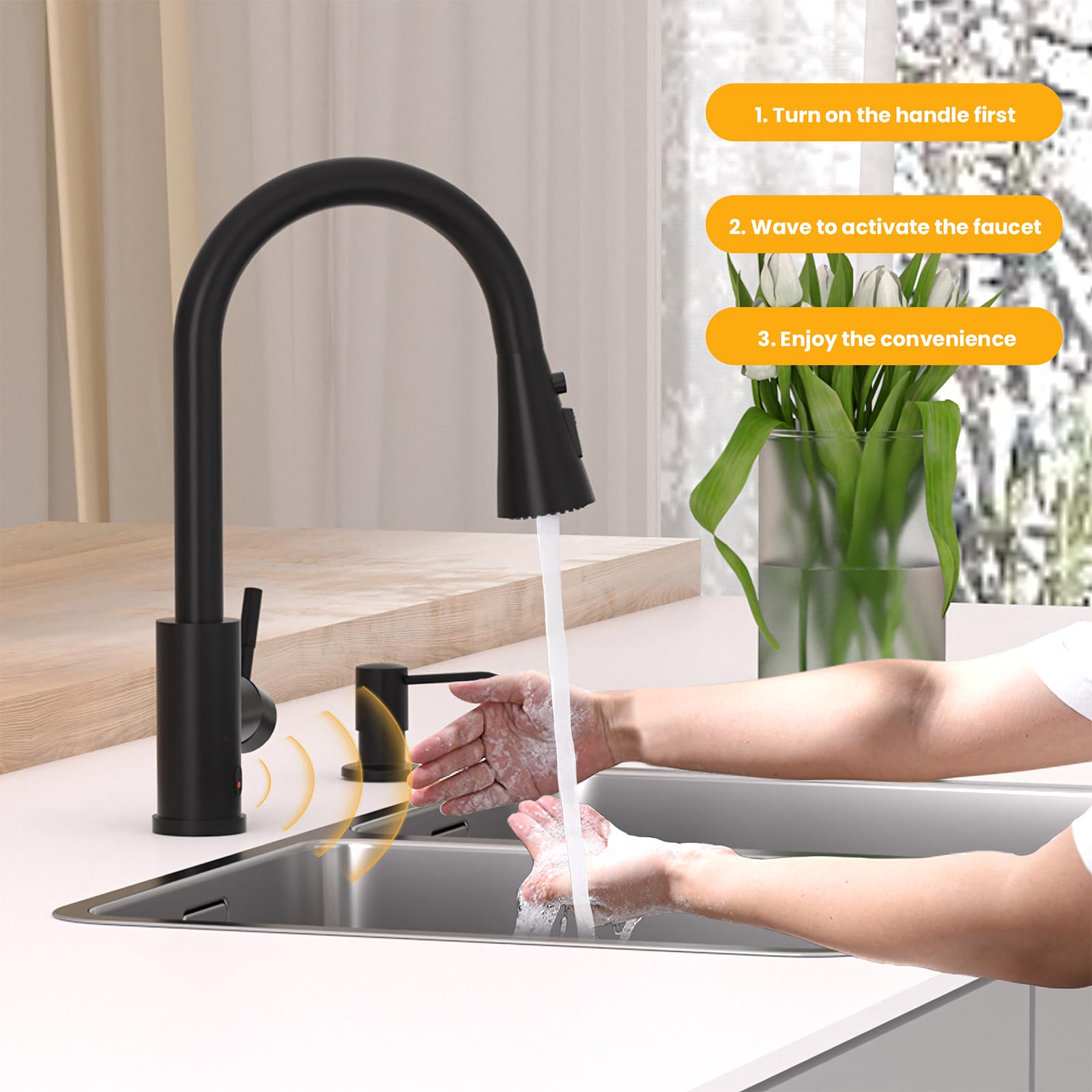 **Hands-Free Touchless Kitchen Faucet with Pull Down Sprayer & Soap Dispenser - Single Handle Sensor Faucet for 1 to 4 Hole Sinks - Stainless Steel Matte Black - Perfect for Modern & Hygienic Kitchens**