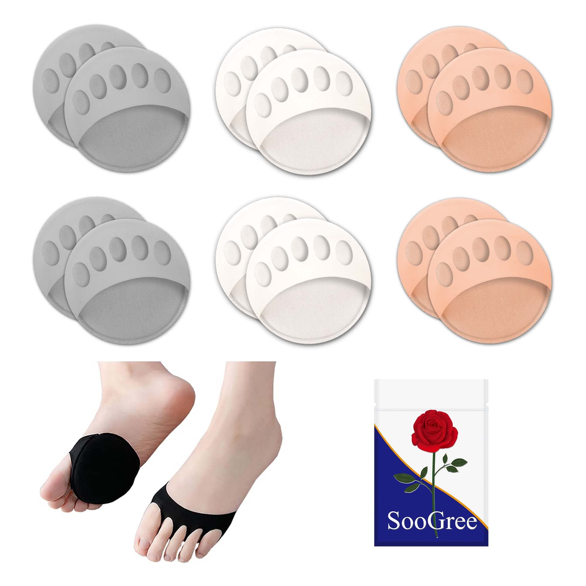 Honeycomb Metatarsal Pads for Women & Men - 6 Pairs Reusable Ball of Foot Cushions, Soft Invisible Socks for Pain Relief - Perfect for High Heels, Running & Daily Comfort