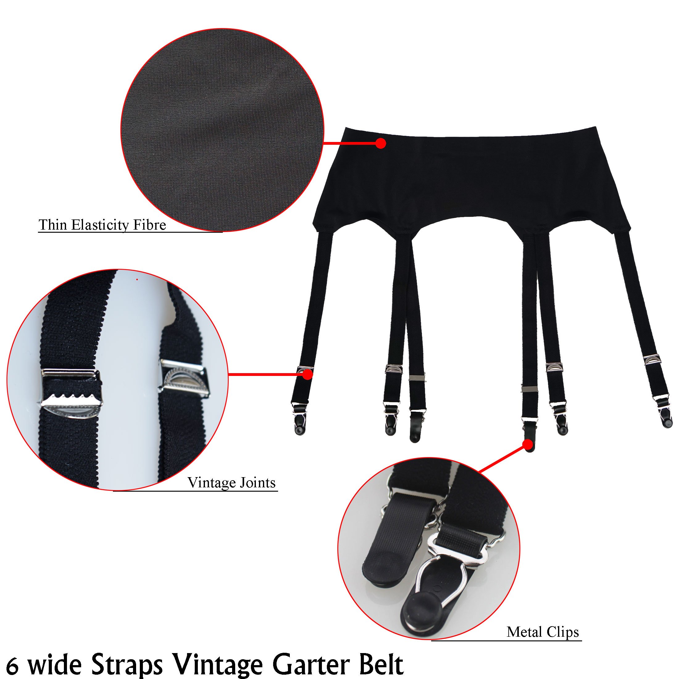 TVRtyle Black Vintage Metal Clips 6-Wide Strap Women's Sexy Garter Belt for Stockings S504B - Perfect for Lingerie, Burlesque, and Vintage Fashion Outfits