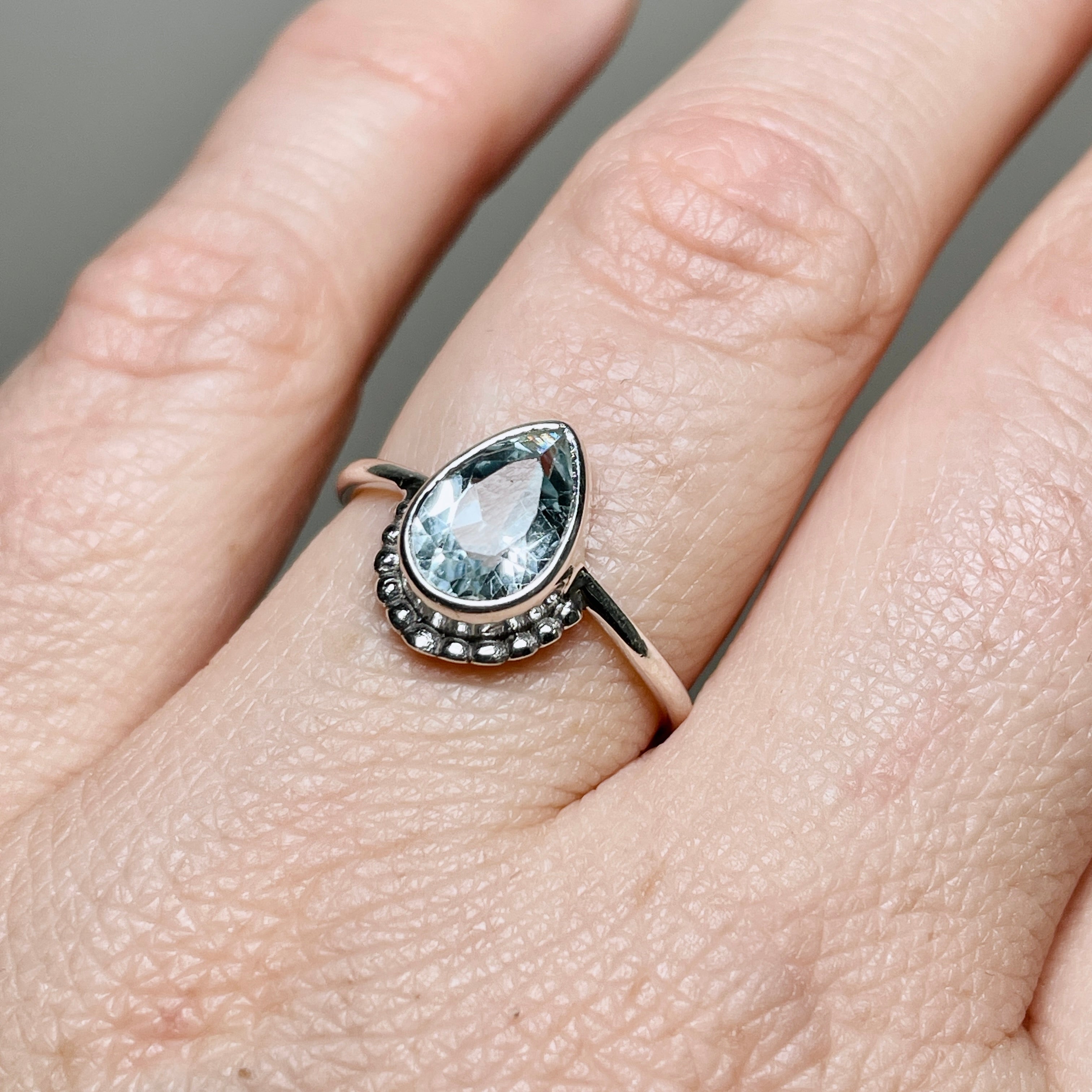 Blue Topaz Teardrop Faceted Fine Band Ring - Sterling Silver 925, Size 7, Elegant Dainty Jewelry for Women - Perfect for Weddings, Anniversaries & Special Occasions