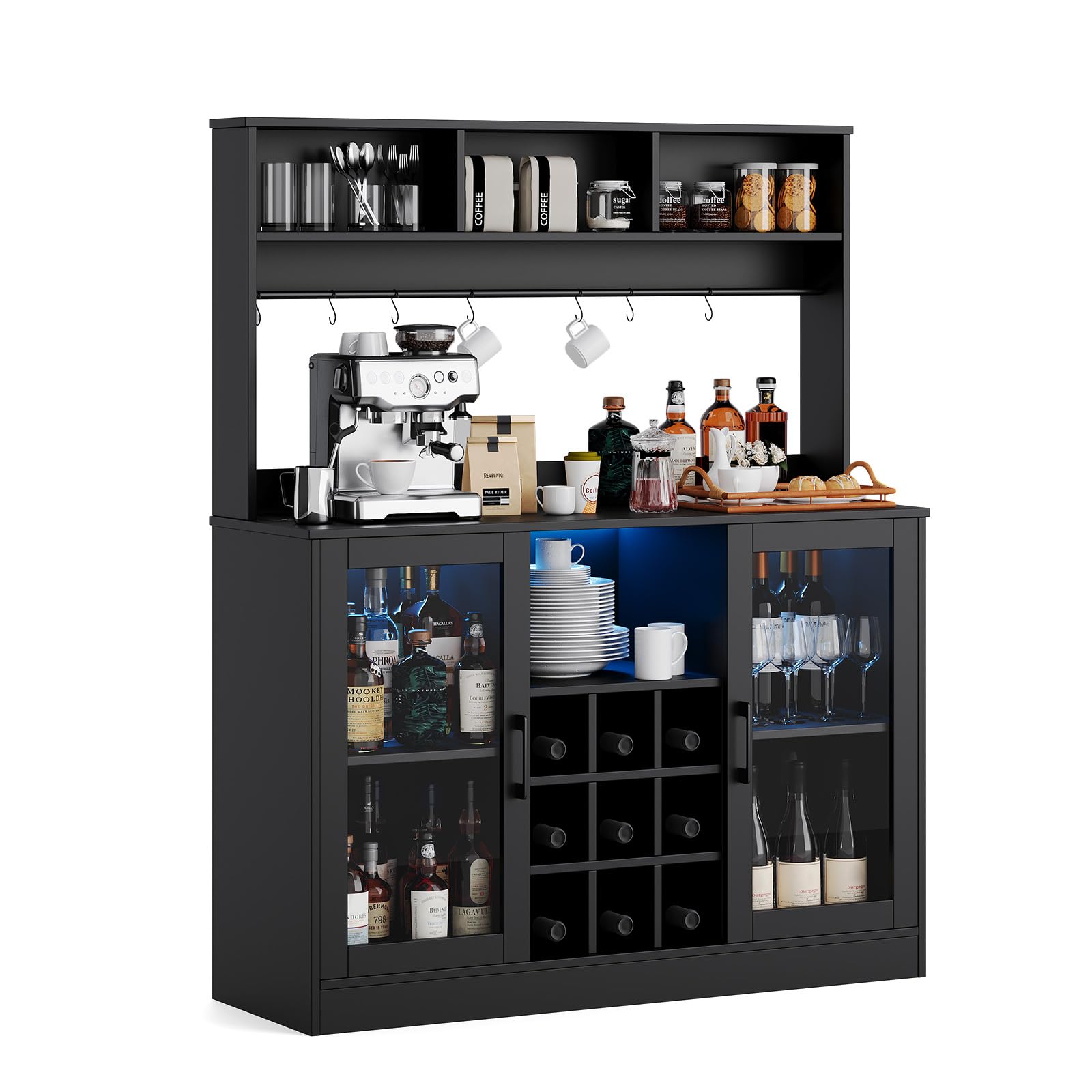 Modern Black LED Bar Cabinet with Wine & Glass Rack - Coffee Liquor Storage Sideboard for Kitchen & Dining Room - Buffet Server with Shelves for Home Bar & Entertainment Areas