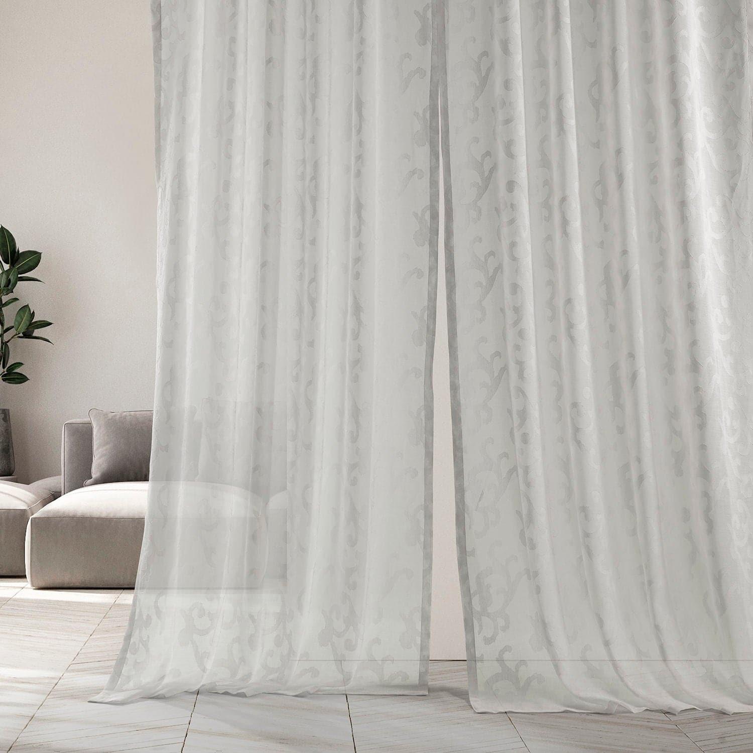 Paris Scroll Floral Pattern Semi-Sheer Faux Linen Curtains - Elegant Window Treatment for Living Room, Bedroom & Dining Room Decor
