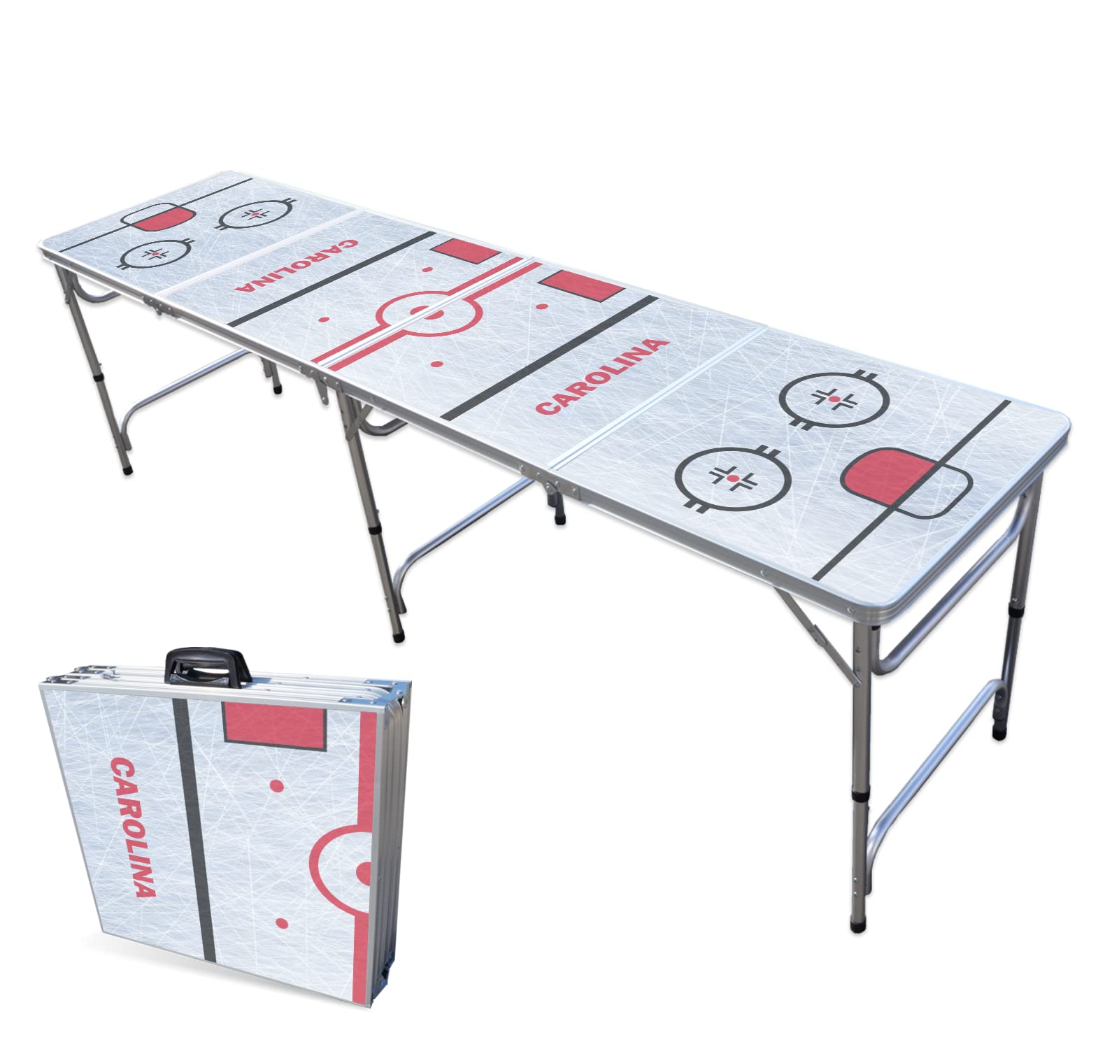 8-Foot Folding Portable Beer Pong Table with LED Lights & Optional Cup Holes - Carolina Hockey Rink Design for Outdoor Parties, Tailgates & College Events