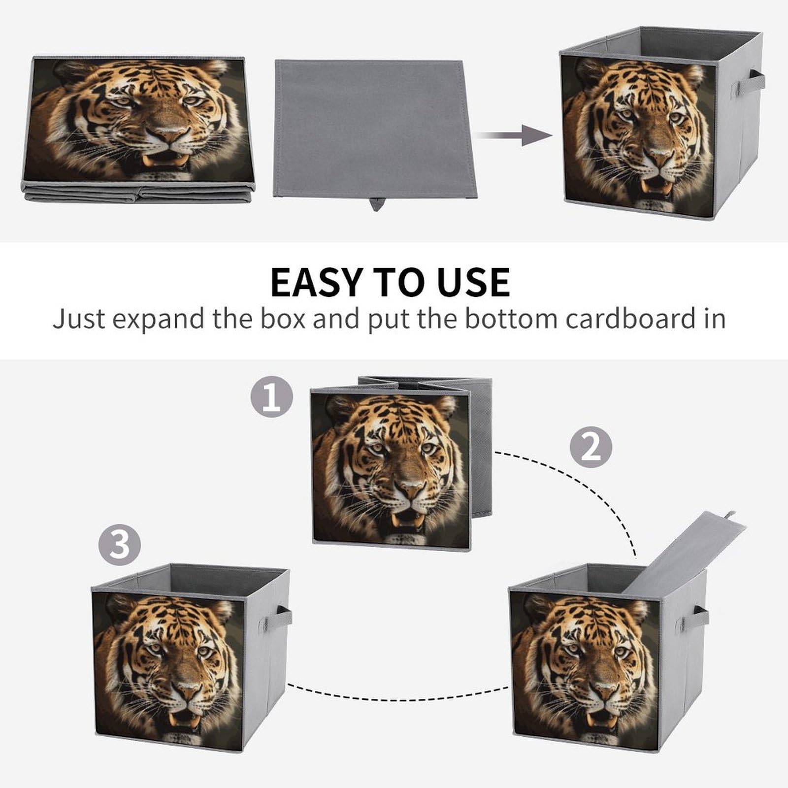 6-Piece Collapsible Storage Bins with Handles - Tiger Print Foldable Organizing Boxes for Shelves, Closet, Pantry | Space-Saving Home & Office Storage Solutions