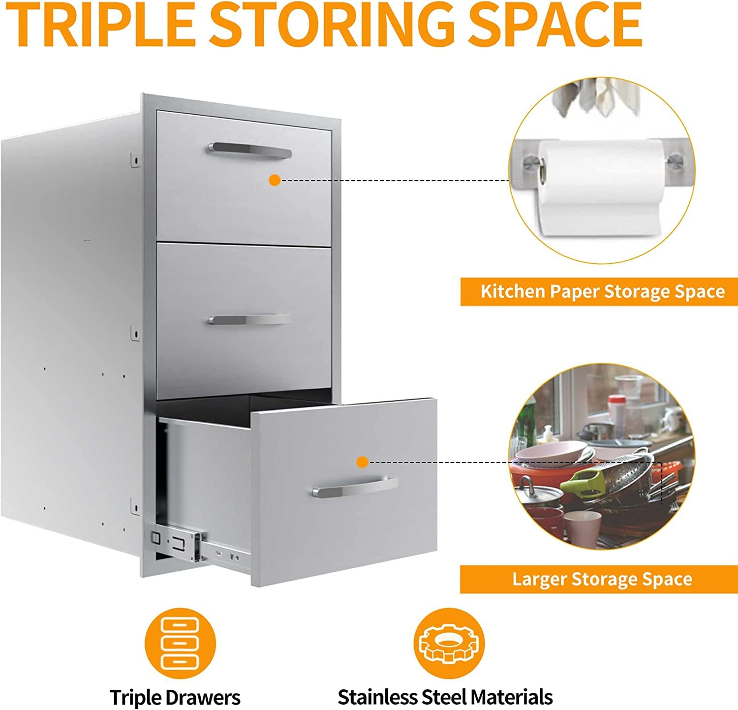 Stainless Steel 3-Drawer BBQ Outdoor Kitchen Storage Cabinet - 17