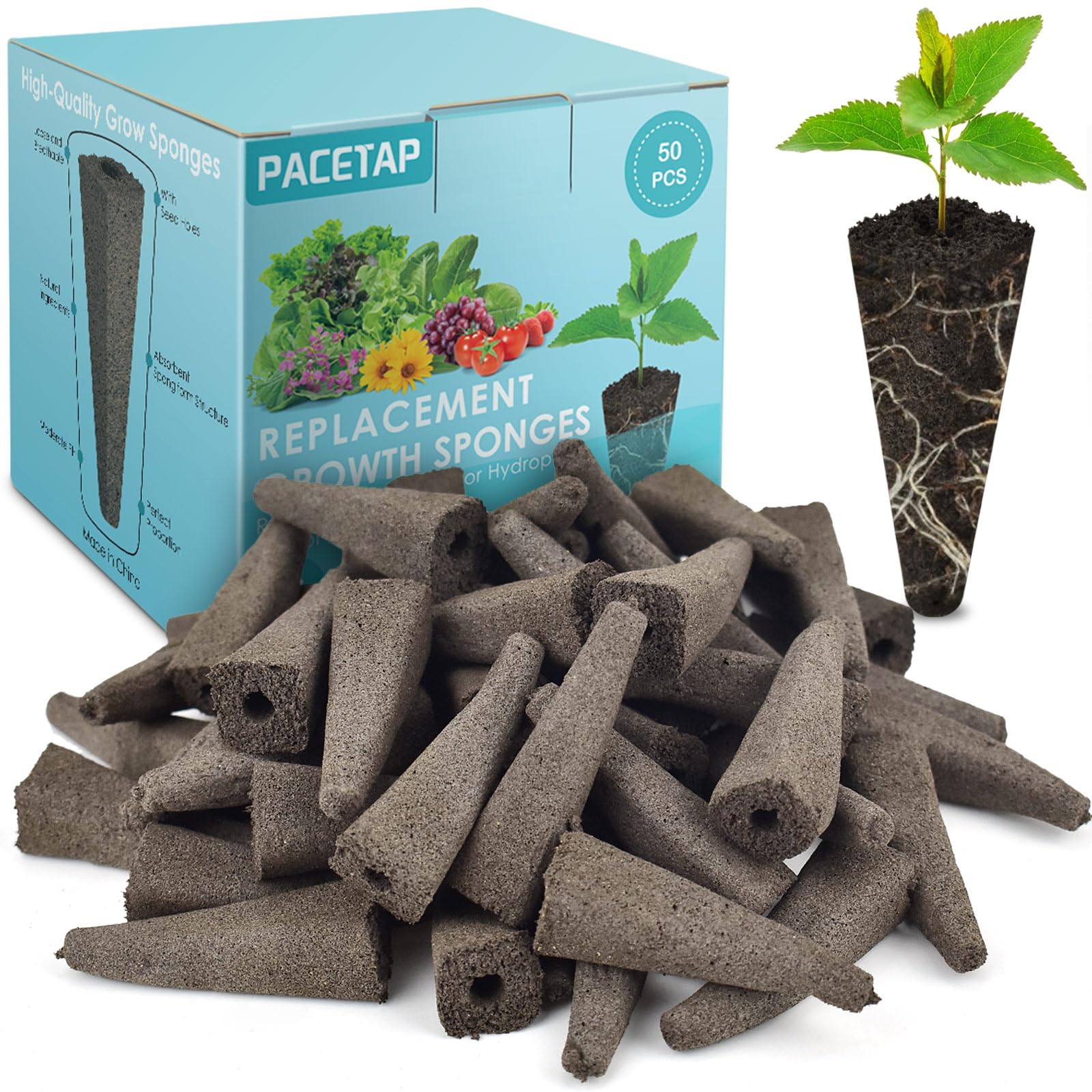 PACETAP 50-Pack Grow Sponges for Aerogarden - Hydroponic Seed Pods & Root Growth Sponges Refill Kit | Indoor Gardening, Seed Starting, Herb & Vegetable Growing | Perfect for Hydroponic Systems, Indoor Gardens & Home Planting