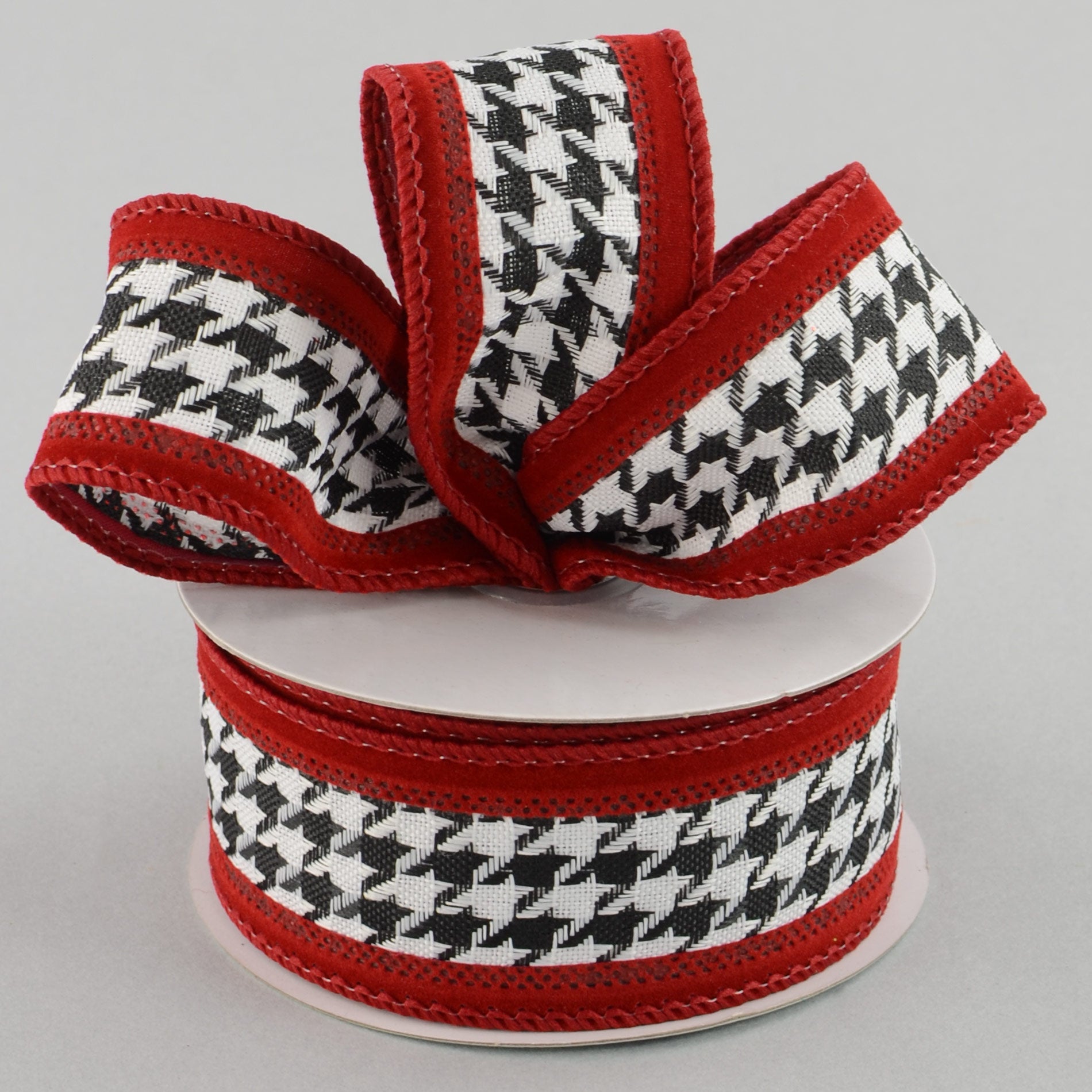 1.5 Inch Black and White Houndstooth Pattern with Crimson Ribbon - 10 Yards Bulk Roll for Gift Wrapping, Crafts, and DIY Projects