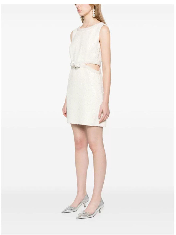 Elegant Cut Out Cream Boucle Pearl Mini Dress for Women - Perfect for Parties, Weddings & Evening Events