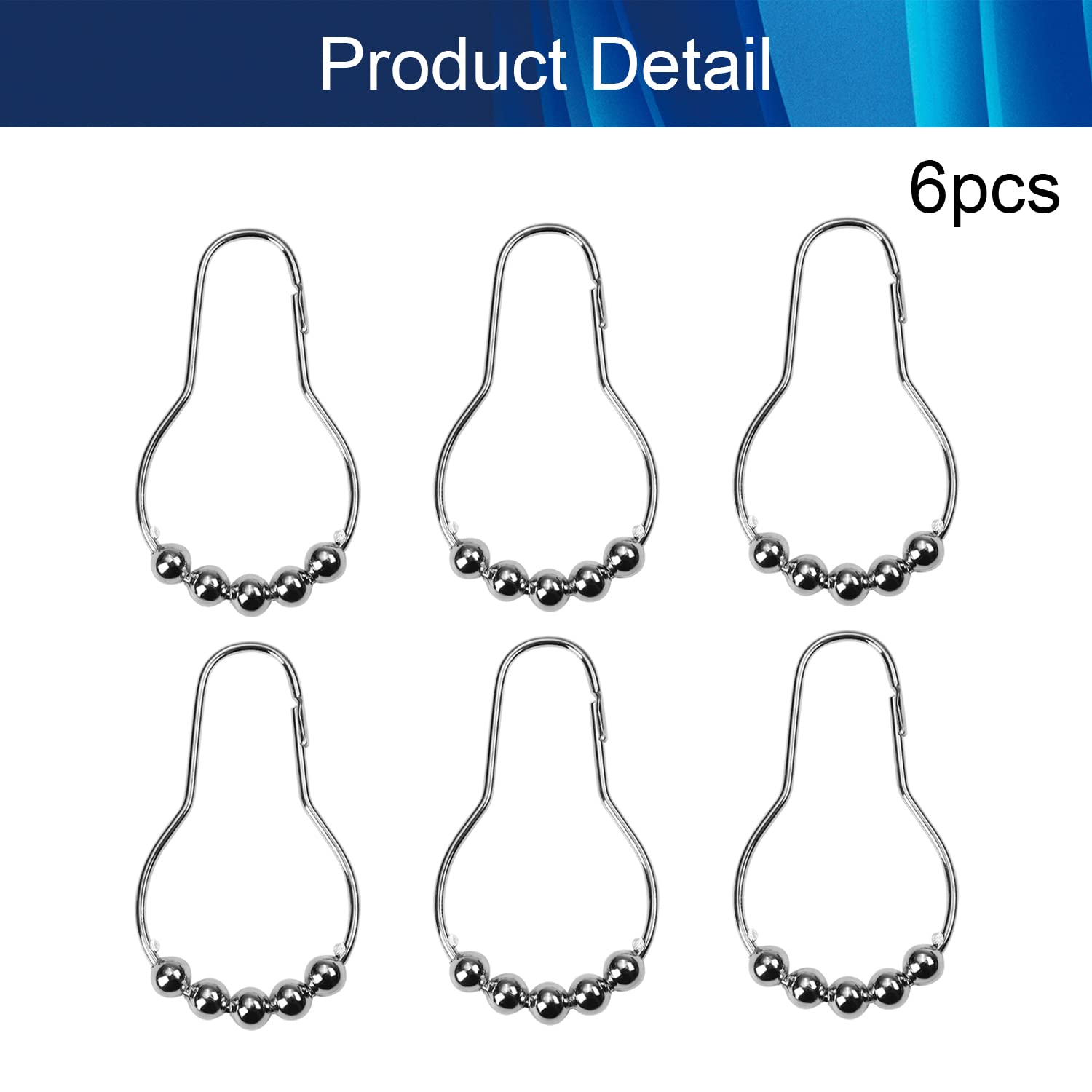 Rust-Resistant Metal Shower Curtain Rings - 6 Pack Hooks for Rolling Bathroom Shower Rods | Durable Curtain Hangers for Bath & Shower Accessories | Perfect for Home, Hotel & Spa Bathroom Upgrades