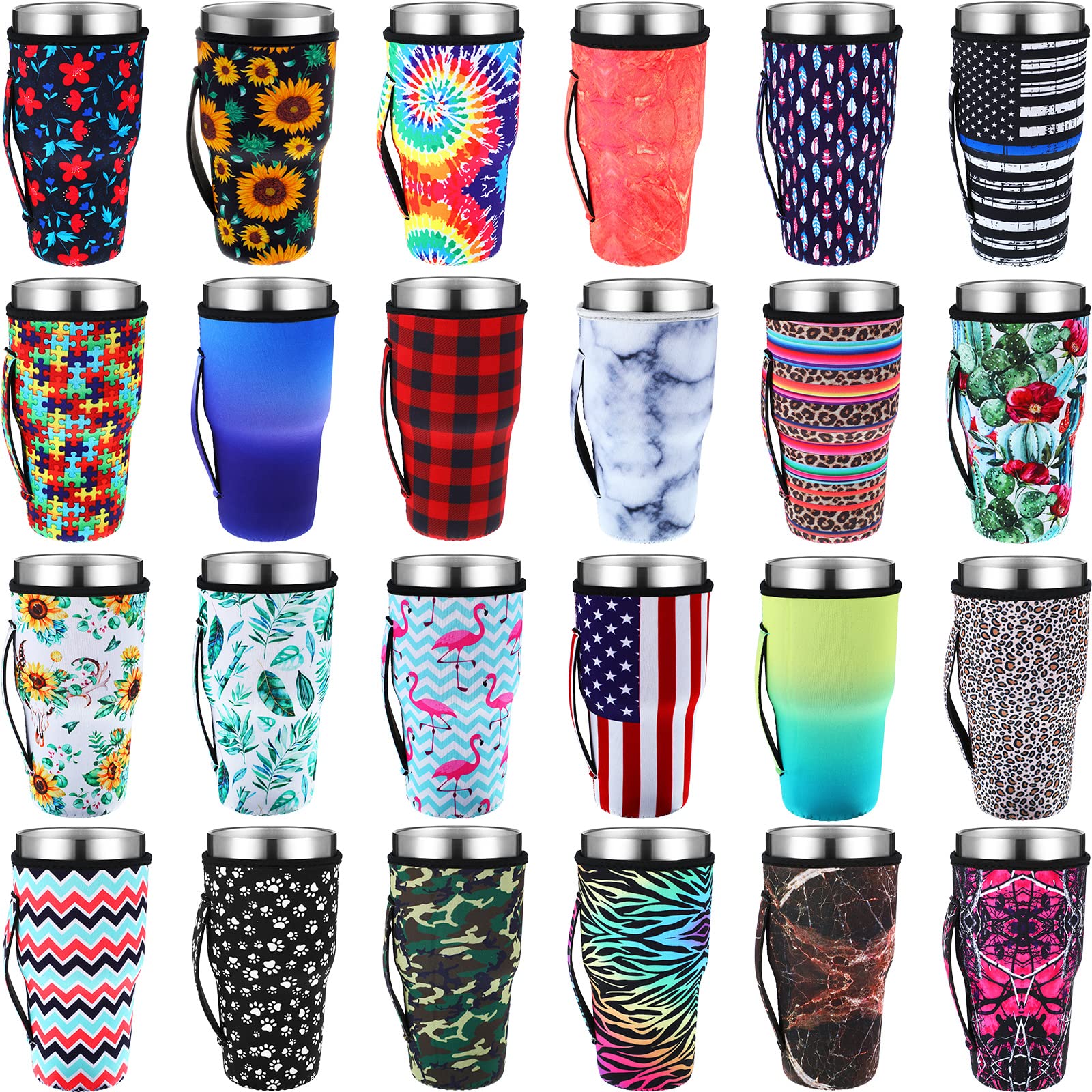 24-Pack Reusable Neoprene Coffee Cup Sleeves for 30-32 oz Tumblers - Insulated Cold & Hot Drink Holders with Handle for Iced Coffee, Smoothies, and Beverages - Perfect for Office, Travel, and Outdoor Use