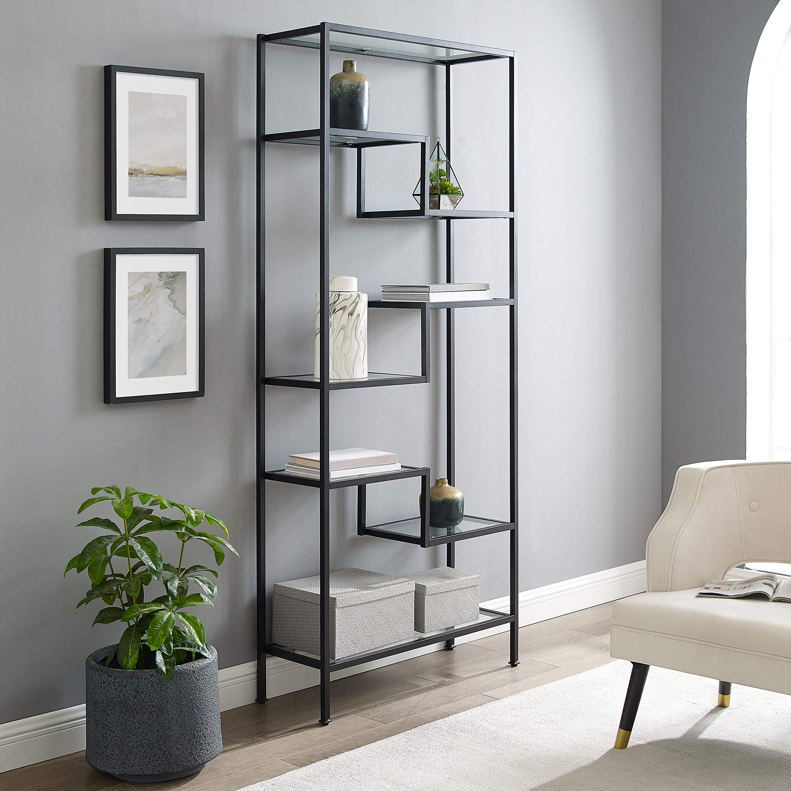 Crosley Furniture Sloane Bookshelf with Glass Shelves - Modern Bookcase Storage Unit in Matte Black for Living Room, Office & Home Decor