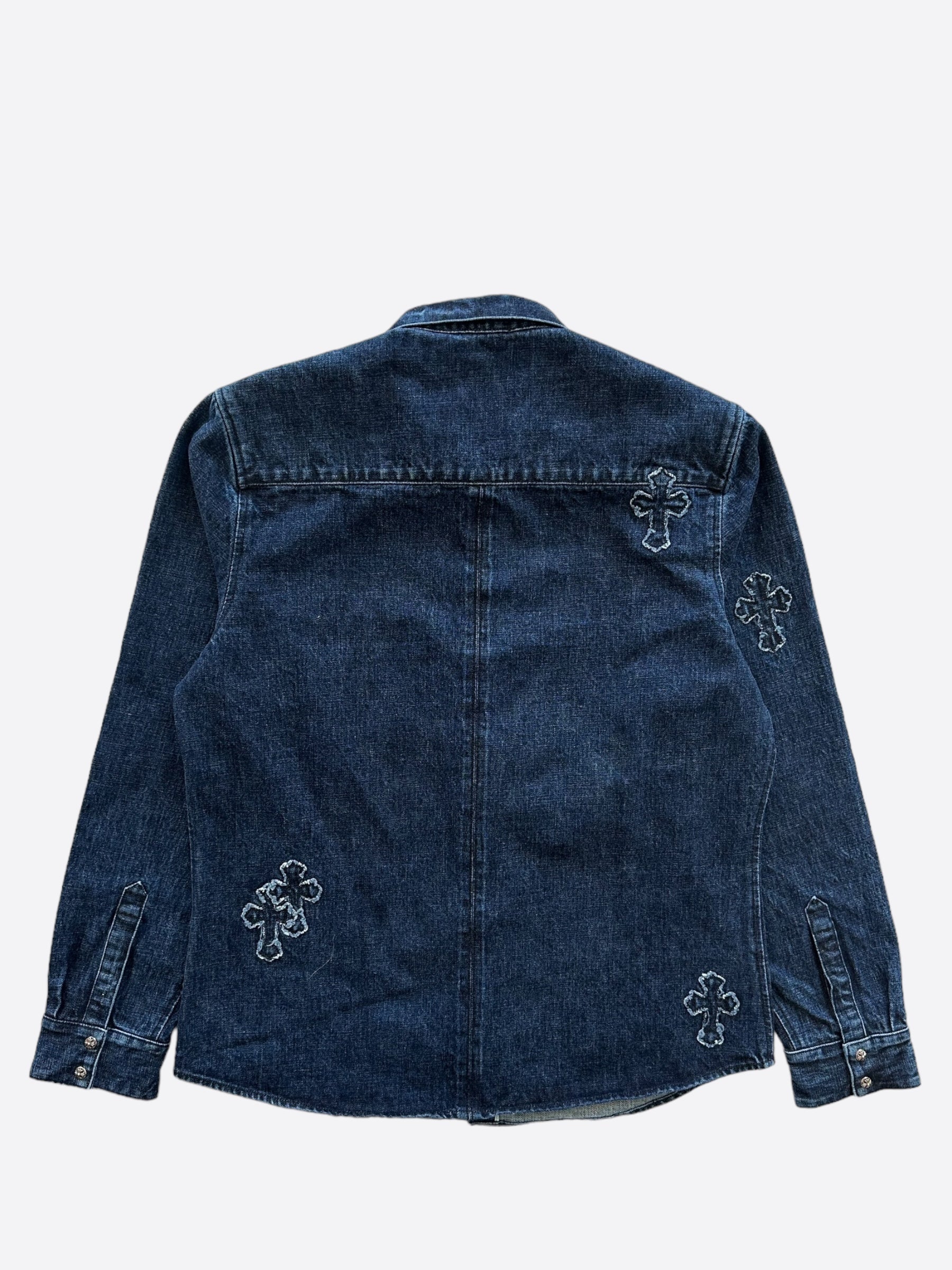 Chrome Hearts Blue Embroidered Cross Patch Denim Shirt for Men - Vintage Distressed Designer Long Sleeve Shirt for Casual Wear & Street Style Fashion
