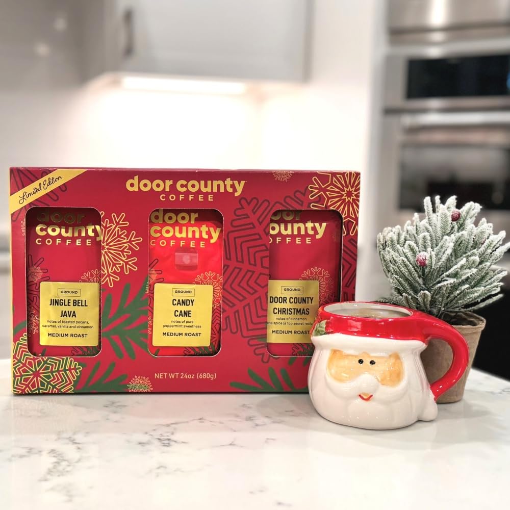 Premium Holiday Coffee Gift Set - 3 Pack (8oz Bags) - Door County Christmas Blend, Jingle Bell Java & Candy Cane Flavored Gourmet Coffee - Perfect for Christmas Gifts, Office Parties & Cozy Winter Mornings