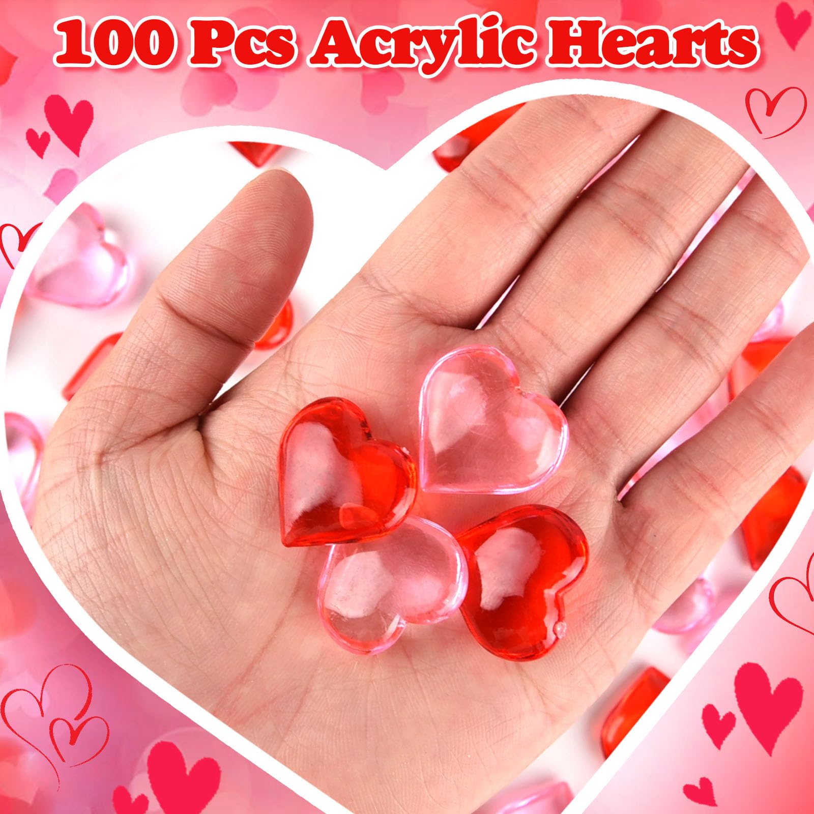 100 Pcs Red & Pink Valentine's Day Acrylic Heart Ornaments - Vase Filler, Table Scatter for Weddings, Anniversaries, Home & Party Decor | Romantic Decoration for Valentine's Gifts, Centerpieces & DIY Crafts