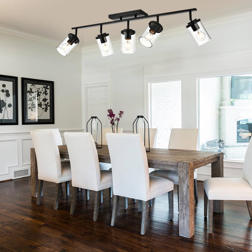 BONLICHT 5-Light Spotlight Track Lighting - Modern Semi Flush Mount Ceiling Light Fixture - Industrial Vintage Black Wall Sconce - Farmhouse Bathroom Vanity Light with Clear Glass Shade - Perfect for Living Room, Bedroom, Kitchen & Dining Room Lighting