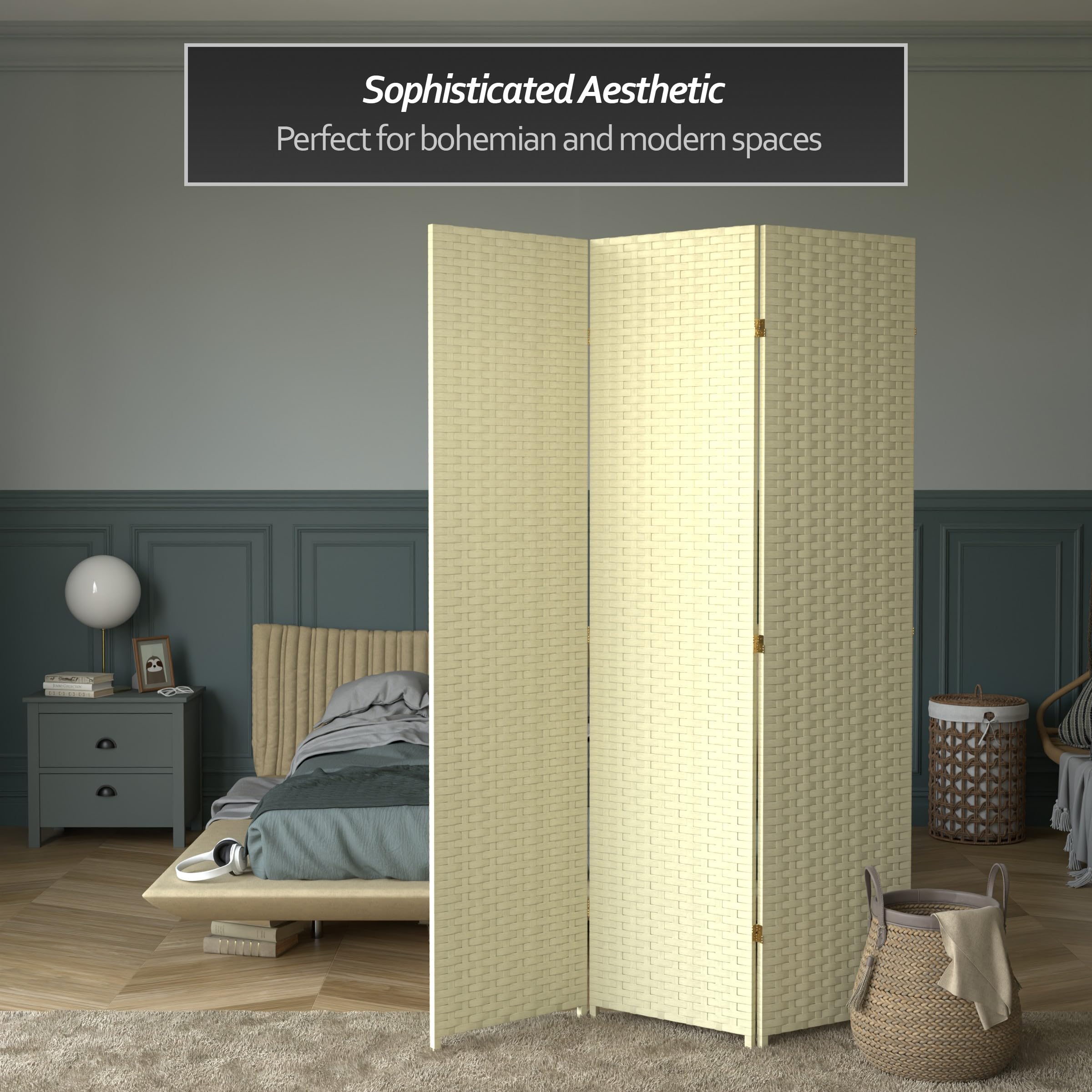 7 ft. Tall Red Lantern Woven Fiber Cream Room Divider - 3 Panel Folding Privacy Screen for Home, Office & Wedding Decor