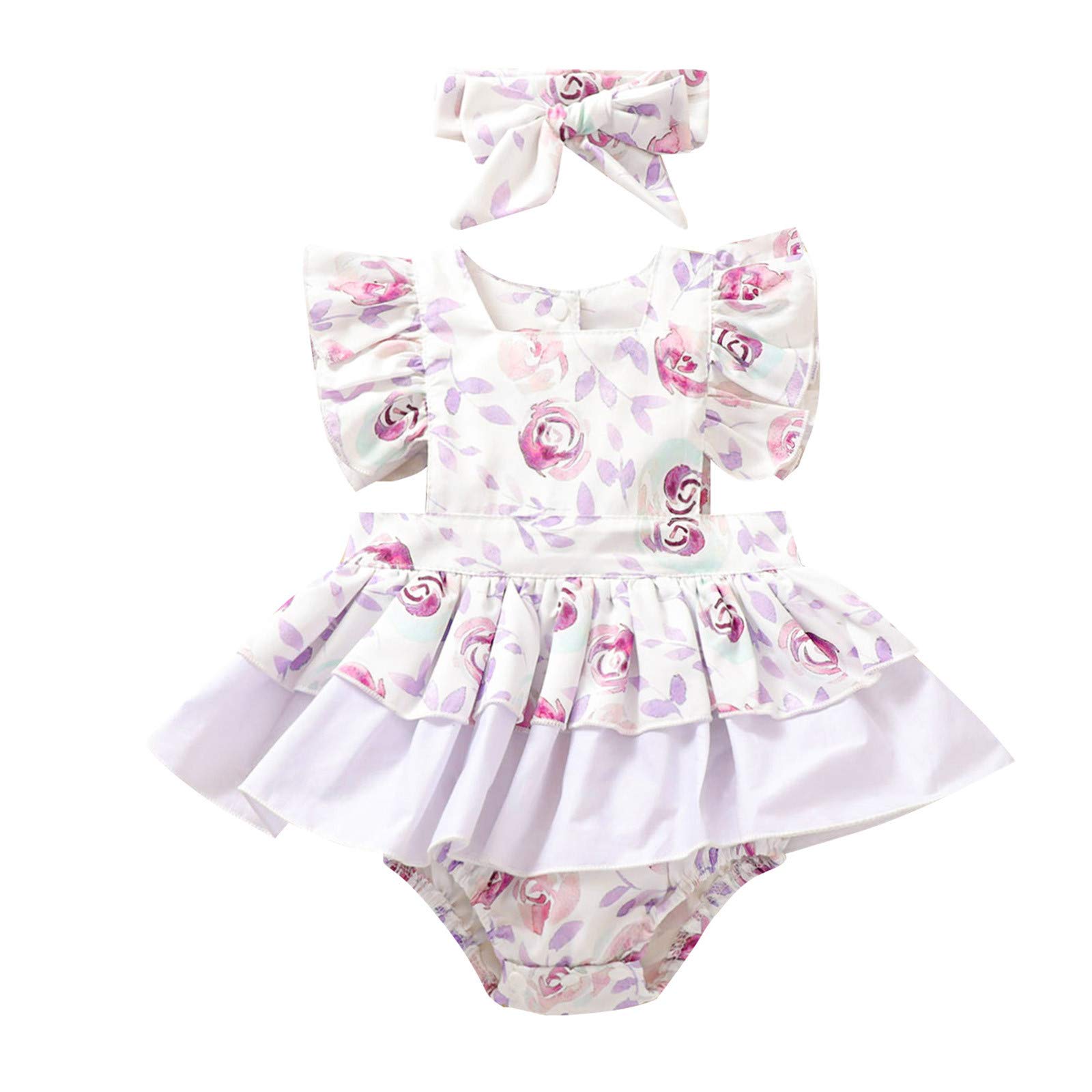 Egbsmy Baby Girls Summer Romper Dress - Floral Print Ruffle Outfit with Headband | Newborn & Toddler Casual Wear for Playdates & Photo Shoots