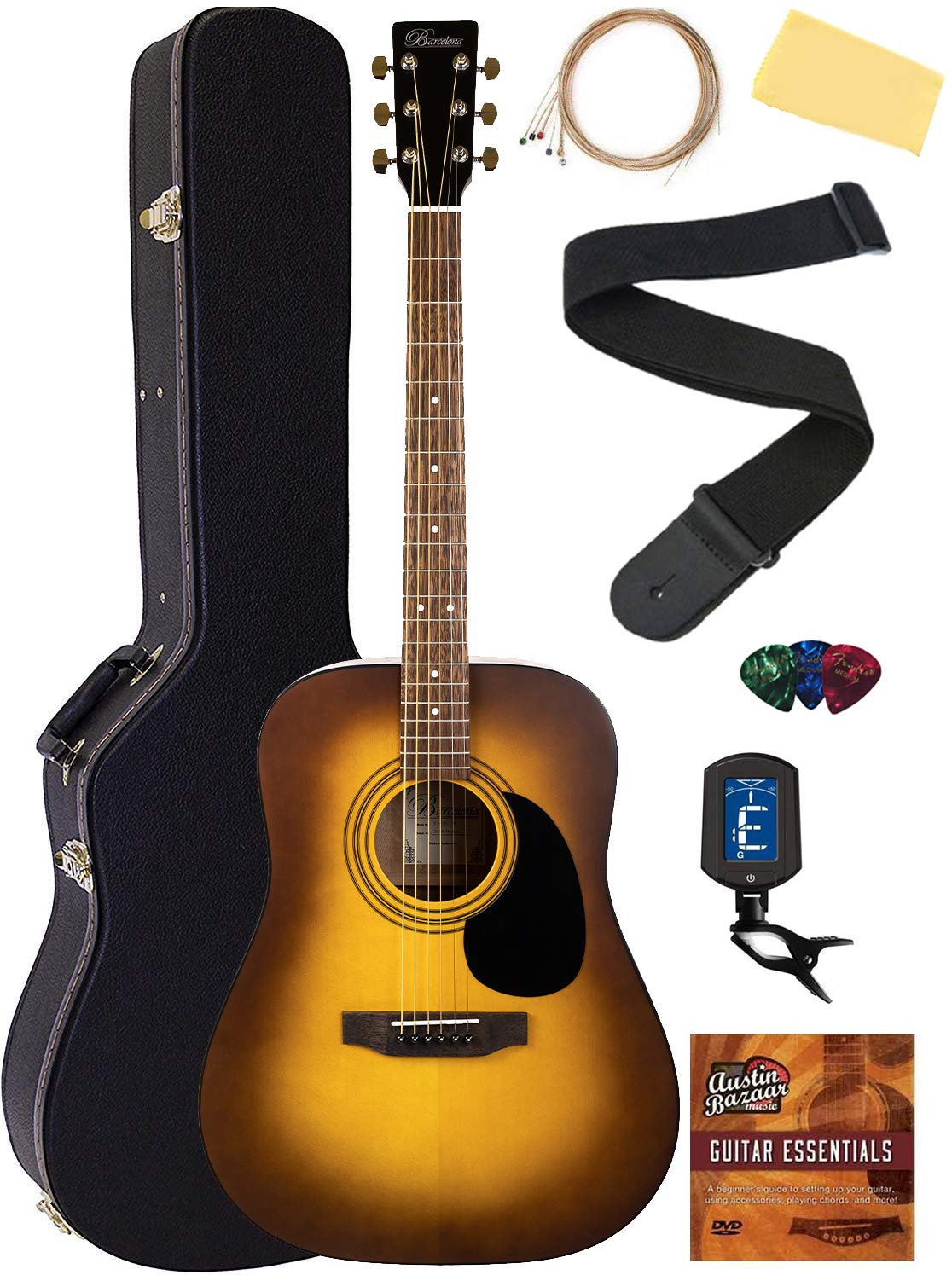 Barcelona D500 Dreadnought Acoustic Guitar Sunburst Bundle with Hard Case, Strings, Tuner, Strap, Picks & Accessories - Perfect for Beginners, Campfire Jams, Live Performances & Home Practice