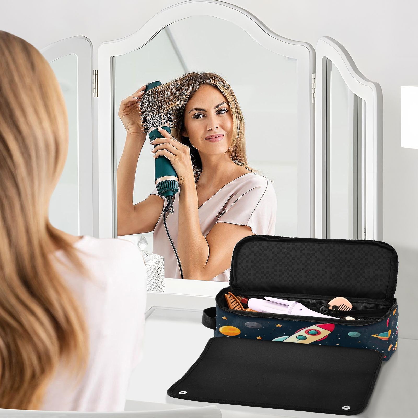 Kigai Spaceship Pattern Heat Resistant Hair Tools Travel Organizer - 2-in-1 Portable Curling Iron Case with Thermal Mat for Women | Perfect for Travel, Gym & Salon Visits
