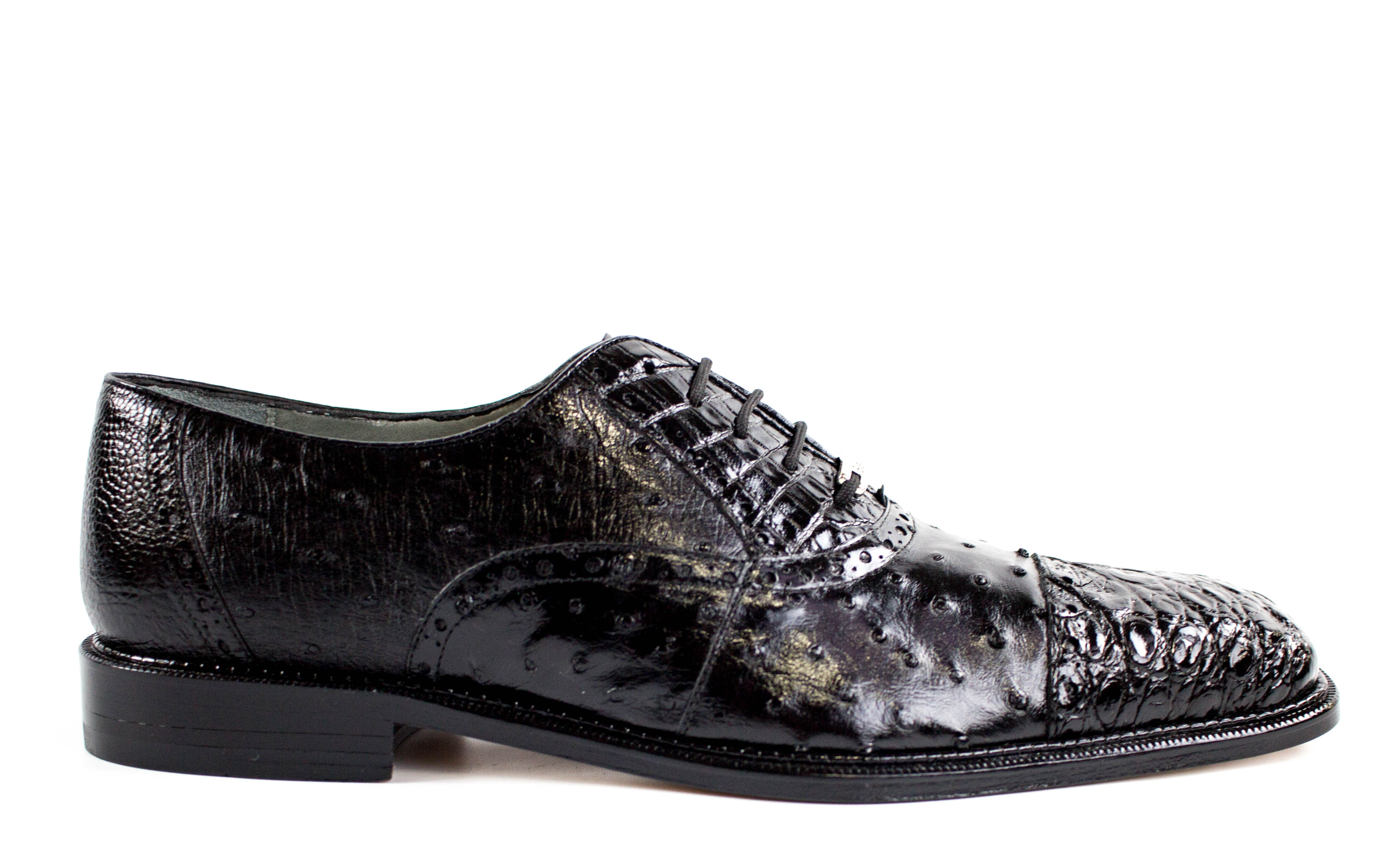 Belvedere Onesto II Genuine Ostrich & Crocodile Leather Dress Shoes for Men - Black Size 1419 - Premium Formal Footwear for Business, Weddings & Special Occasions