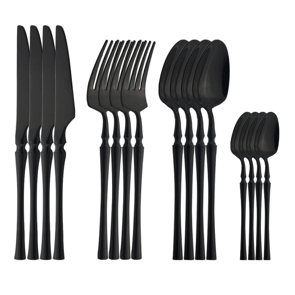 Premium 16-Piece Stainless Steel Flatware Set - 18/10 Dinnerware Cutlery with Forks, Knives & Spoons for 4 People | Elegant Black Silverware for Home, Kitchen, Party & Restaurant Dining