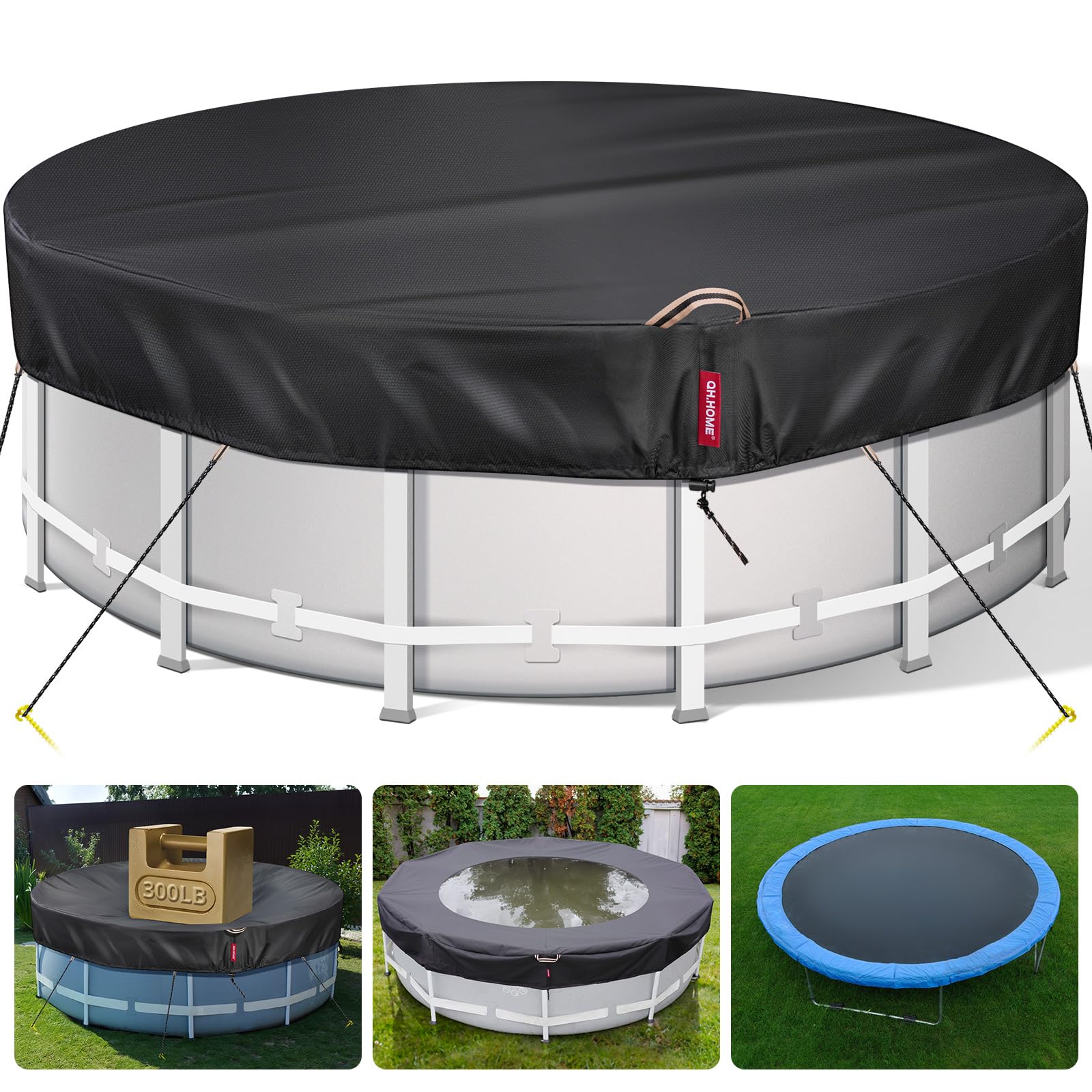 **QH.HOME 24Ft Round Solar Pool Cover - 600D Heavy-Duty Tear-Resistant Fabric (738N Strength) - Above Ground Swimming Pool Cover - Fade & Windproof - Ideal for Winter Protection & Energy Savings**