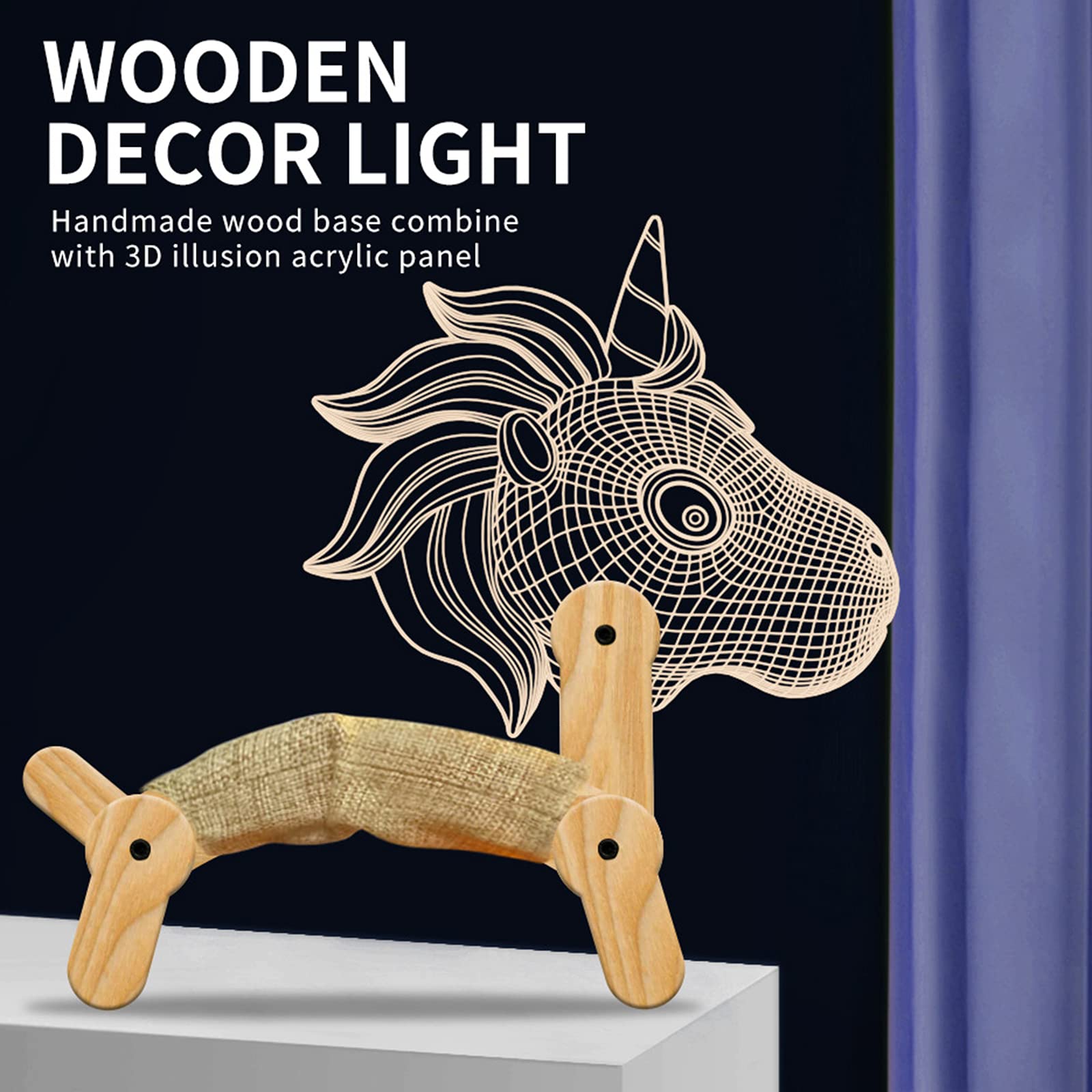 WODQYAZ Unicorn 3D Illusion Lamp - Foldable Wooden LED Night Light with Acrylic Panel & USB Cable | Perfect Kids Gift, Home Decor for Bedroom, Nursery & Study Room
