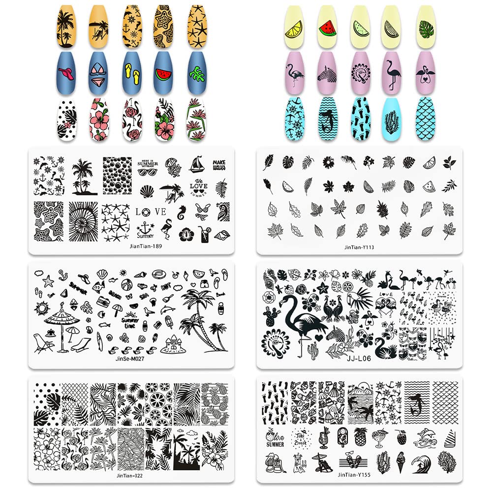 6PCS Summer Nail Stamping Plates Set - Flamingo Beach Fruit Leaves Designs for DIY Nail Art | Stainless Steel Nail Image Plates for Women | Perfect for Vacation, Pool Party & Summer Manicures
