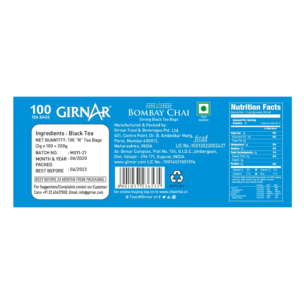 Premium Girnar Bombay Chai Tea Bags (100 Count) - Authentic Indian Masala Chai for Home, Office & Relaxation