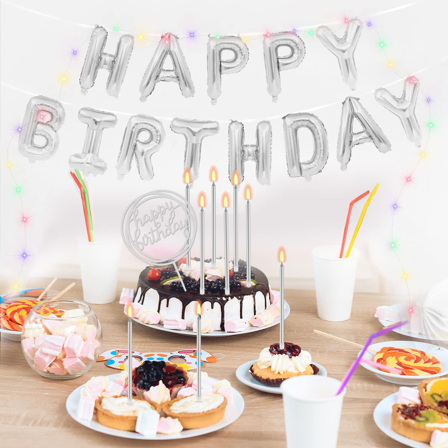 9-Piece Silver Birthday Candles Set - Long Thin Cake Candles with Balloons for Birthday & Wedding Decorations | Perfect for Cake Toppers, Party Centerpieces, and Celebration Table Decor