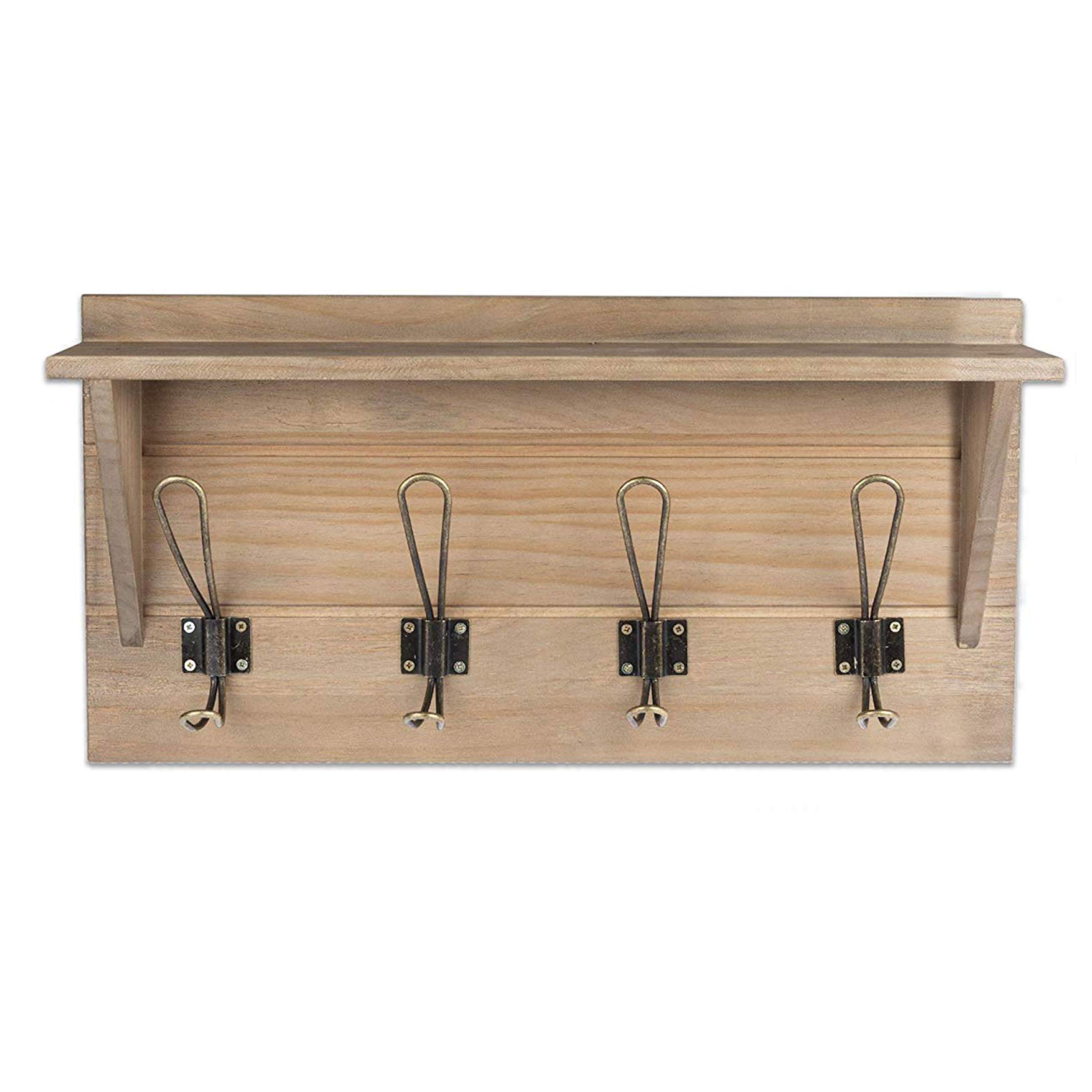 Stylish Ilyapa Barnwood Wall Mount Coat Rack with Shelf & 4 Metal Hooks - Rustic Wooden Entryway Organizer for Hats, Coats, Jackets - Perfect for Hallway, Bedroom, Kitchen & Mudroom Decor