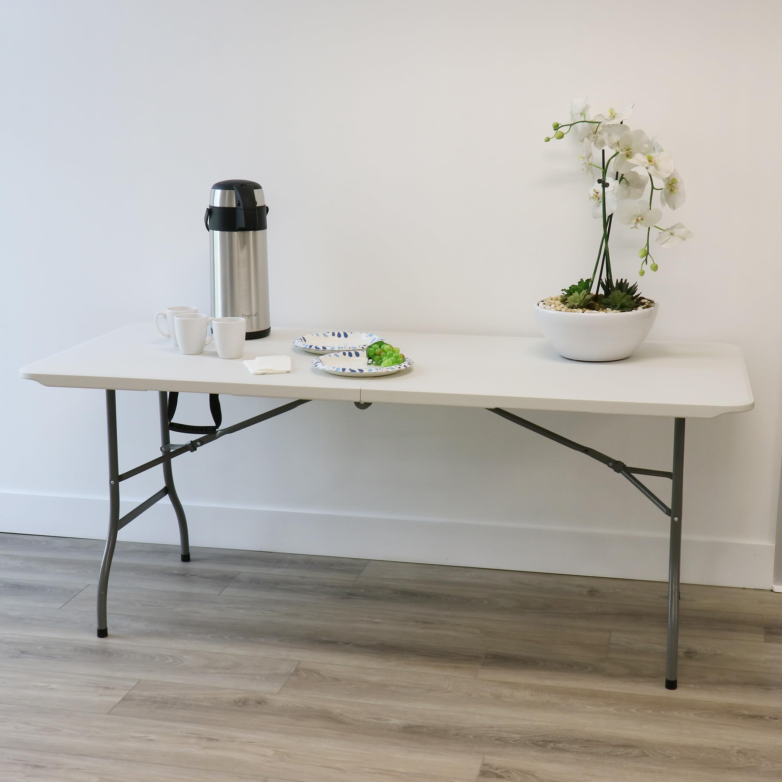 Elama 8 Foot White Plastic Folding Table - Portable Indoor Outdoor Picnic Camping Party Table - Heavy Duty Foldable Table for Events, BBQ, Tailgating & Home Use (8ft)